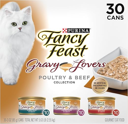 Purina Fancy Feast Gravy Lovers Poultry and Beef Gourmet Wet Cat Food Variety Pack – (30) 3 oz. Cans