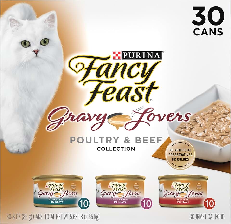 Purina Fancy Feast Gravy Lovers 家禽和牛肉烤美味濕貓糧品種包 - （30 件裝）3 盎司。罐頭