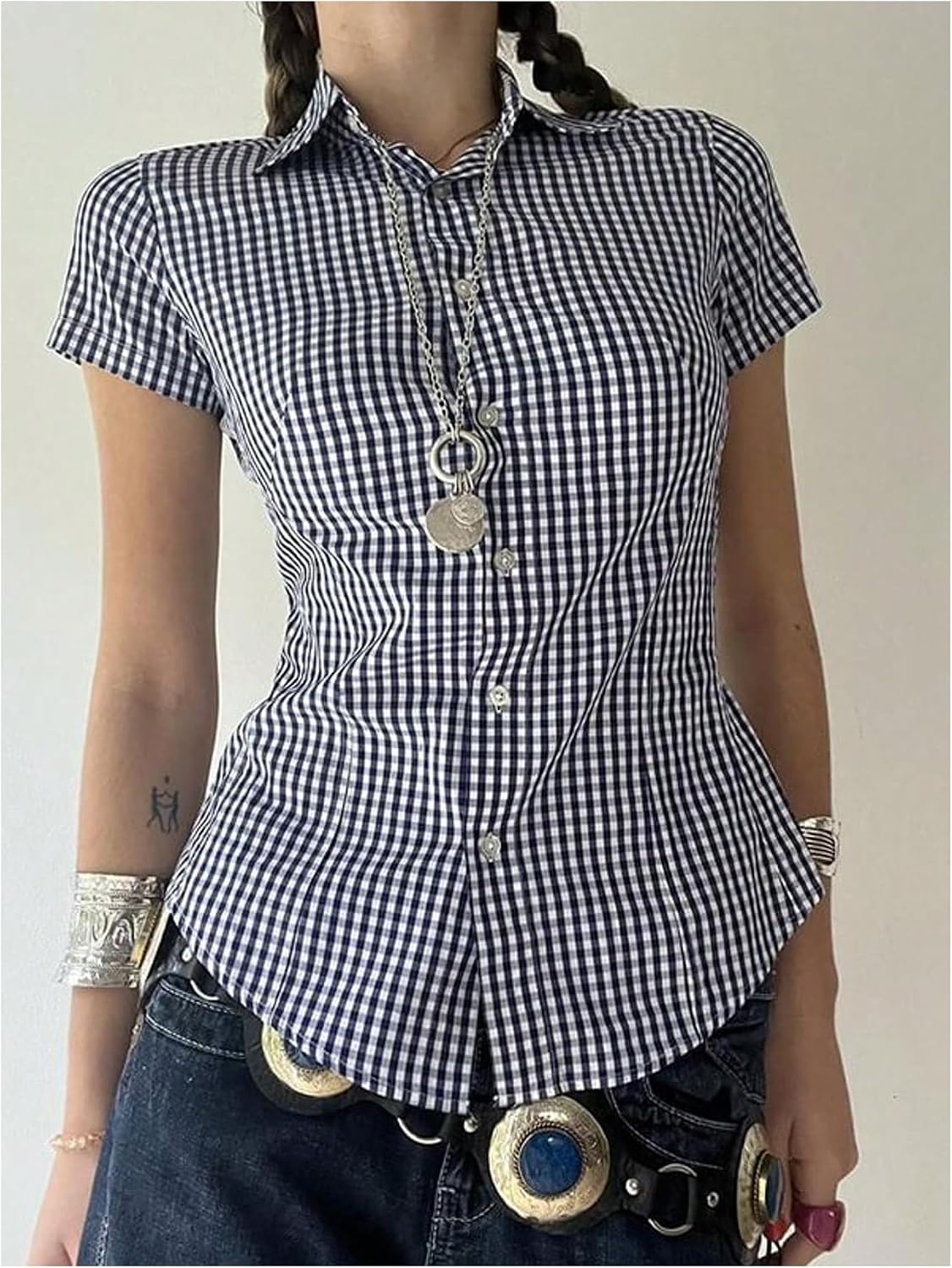 SOLY HUX Women's Summer Plaid Button Down Shirts Cute Short Sleeve Collared Y2k Blouse