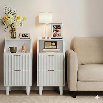 11.8" Narrow Fluted Nightstand Set of 2,Slim Side End Table with 2 Drawers,Mid-Century Modern Bedside Table,Skinny Night Stand for Bedroom, Small Space White, 11.8" with 2 Drawers