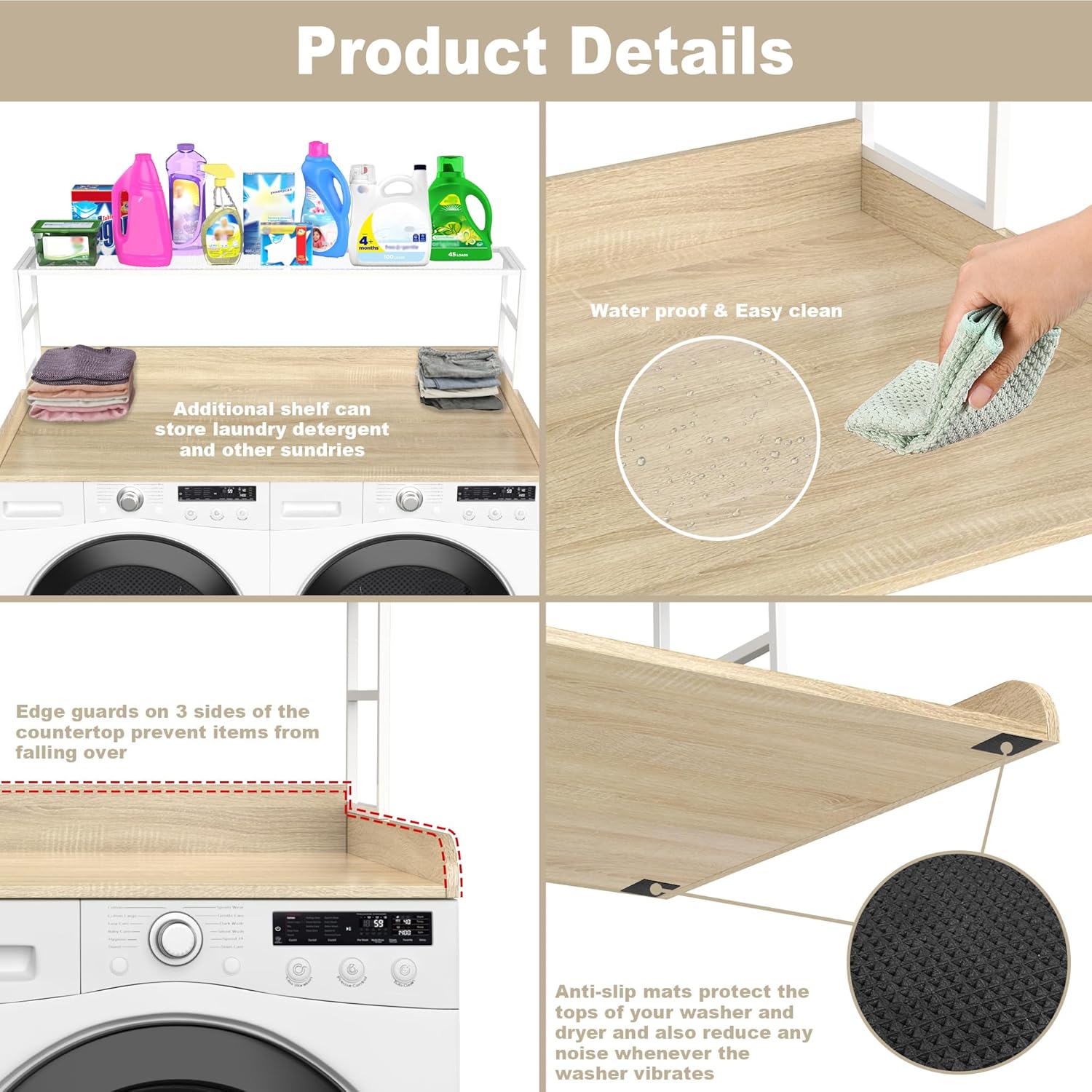 Natural Wood Laundry Countertop with Metal Shelf and Guardrails