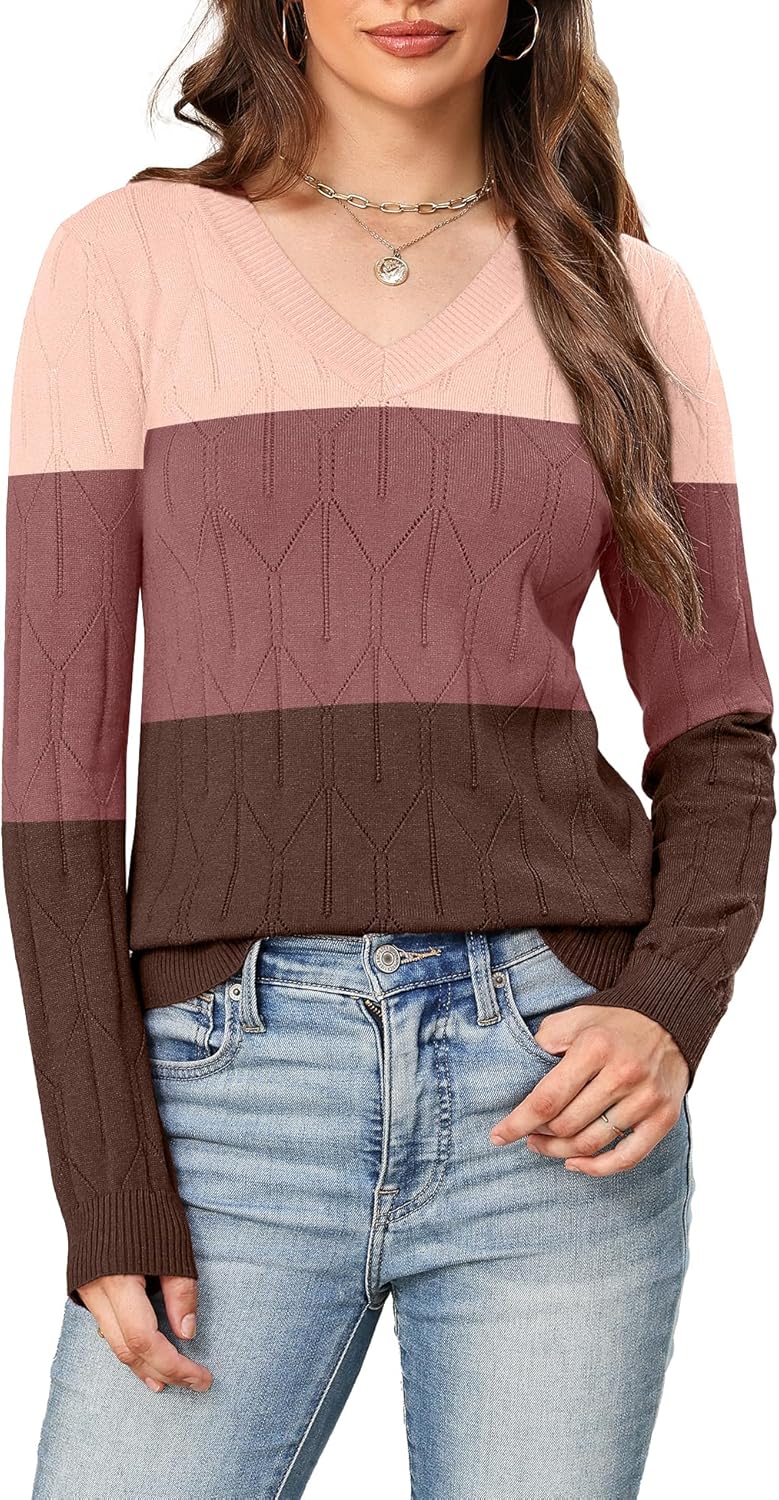 AKEWEI Fall Sweaters for Women 2026 V Neck Long Sleeve Pullover Crochet Dressy Casual Tops - Image 2