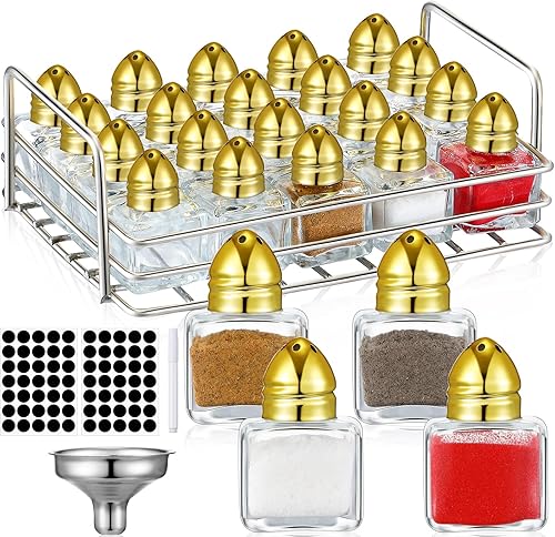 20 unidades de salero y pimentero pequeños tarros de condimentos de vidrio con embudo de estante etiquetas para bolígrafo, contenedor de sal de