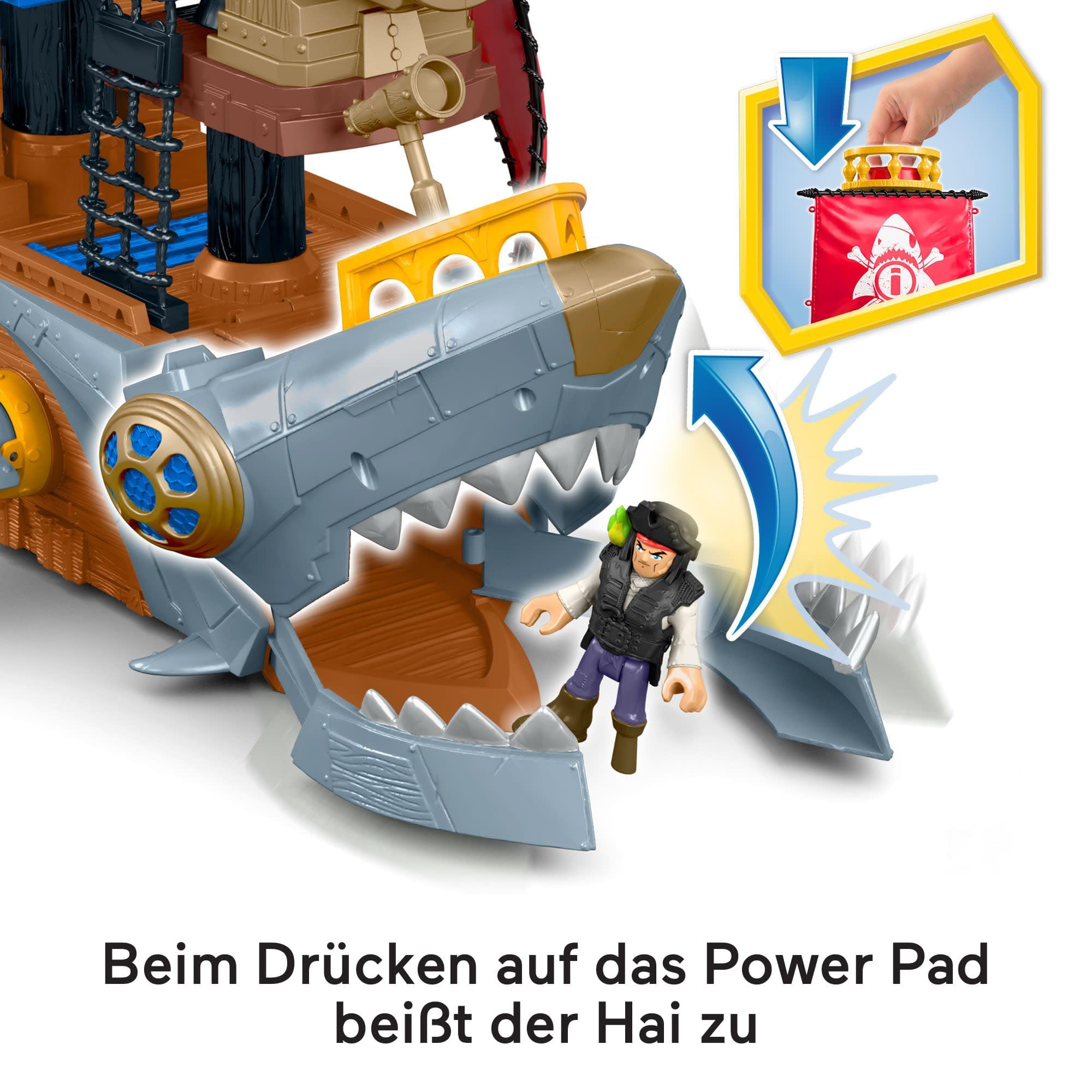 Fisher-Price IMAGINEXT Haimaul-Piratenschiff - bewegliche Flossen, Power Pad für Geheimschatz Enthüllung, Kanonen, Gefangenenbereich, Geheimversteck und Piratenfiguren, DHH61