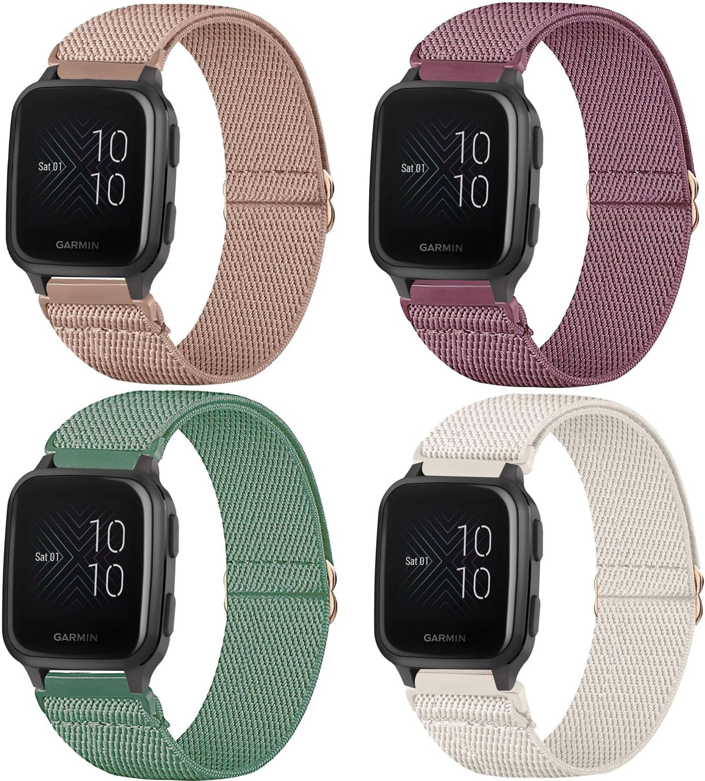 4 Pack Stretchy Watch Bands Compatible with 20mm Garmin Venu Sq/Venu Sq 2, Loop Nylon Elastic Fabric Strap for Garmin Vivomove Style/Luxe/HR Women Men
