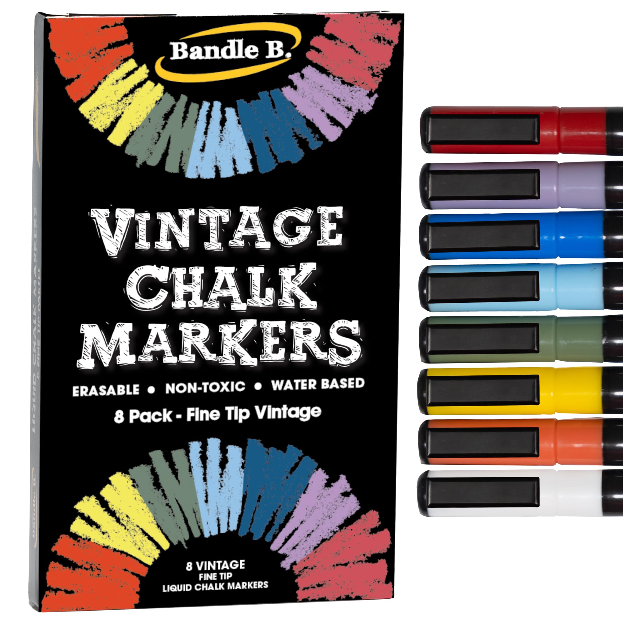 Bandle B. Chalk Markers - 8 Vintage Fine Tip, Erasable, Non-Toxic, Water-Based, For Kids & Grown-Ups for Glass or Chalkboard Marker for Businesses, Restaurants. (Vintage 1mm)