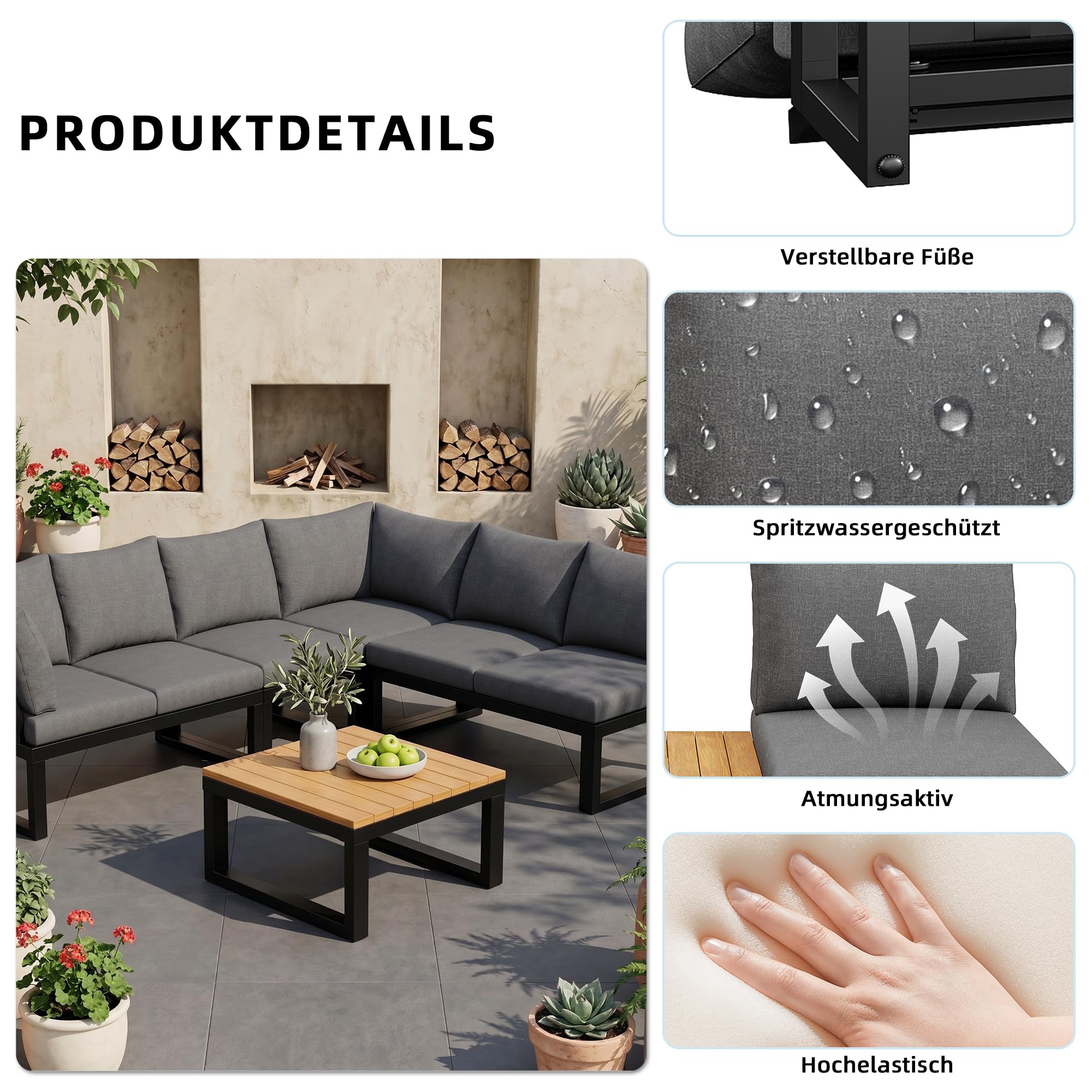 Sapgaks Ensemble de Salon de Jardin extérieur pour 6 Personnes avec Dossier réglable,canapé d'angle avec Table et Table Basse,Structure en Acier résistant aux intempéries (Gris-11)