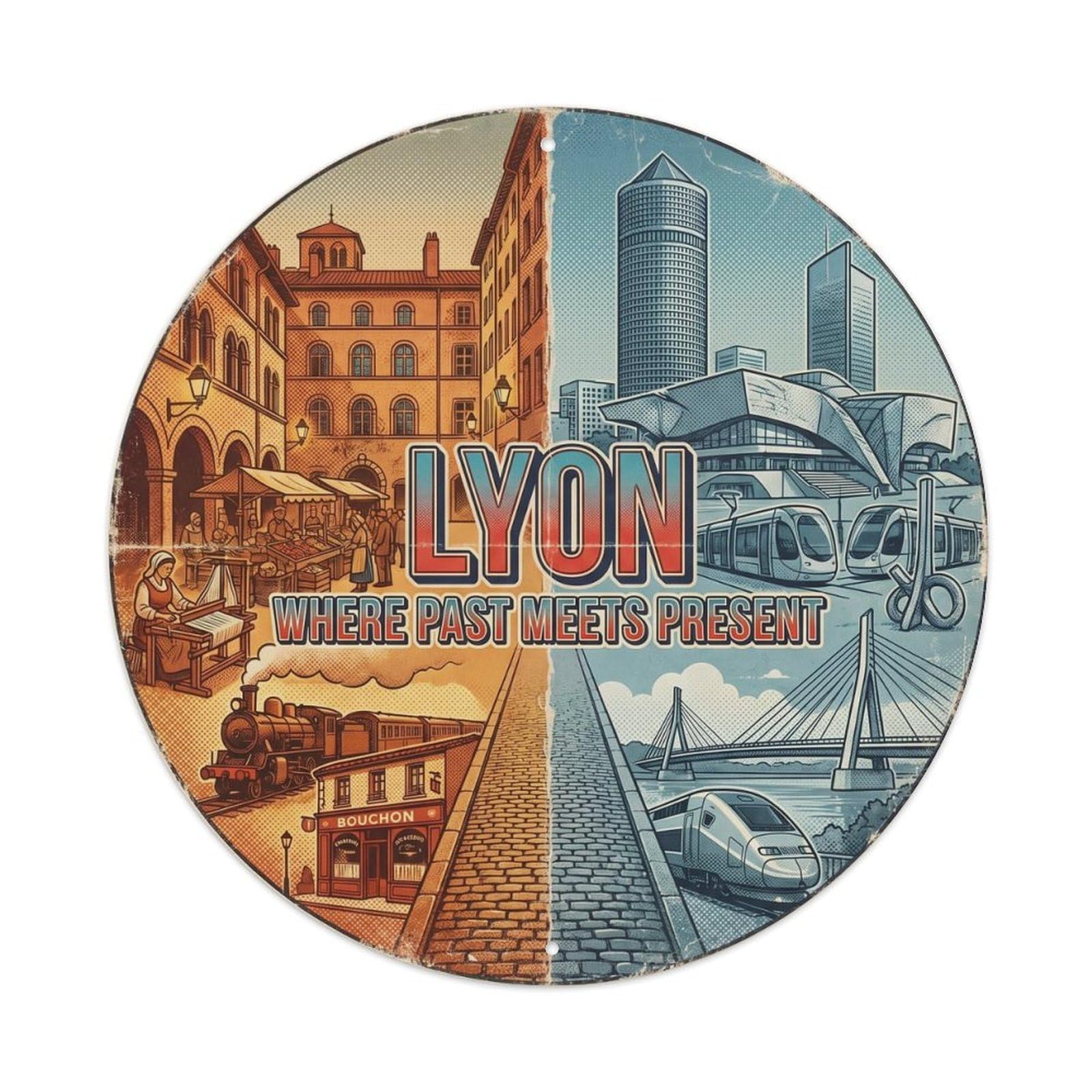 Yrnq Vintage Style Vintage Travel Lyon Oldtown France Vintage Metal Tin Sign Plaque Wall Decor For Cafe, Club, Garden Round Metal Poster 8X8inch
