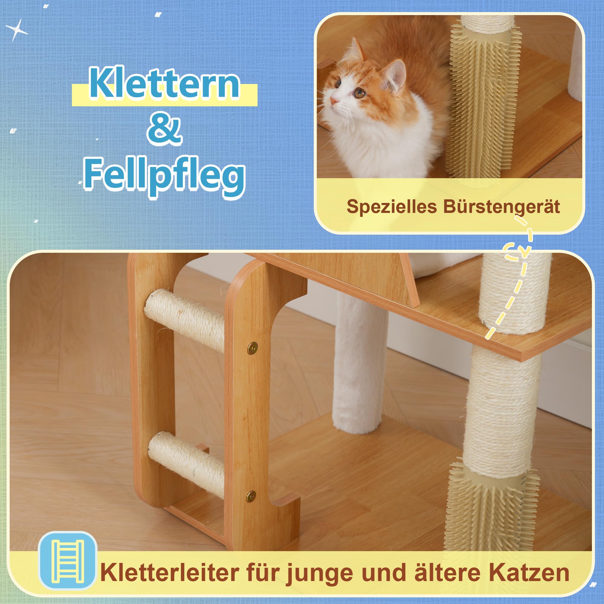 Hey-brother Árbol para Gatos de Madera Moderno, Rascador para Gatos 184 cm, Multinivel Estable con Plataformas Grandes, Hamaca, Cueva para Gatos, Máquina Peinadora y Escalera, Nogal MPJ121WB