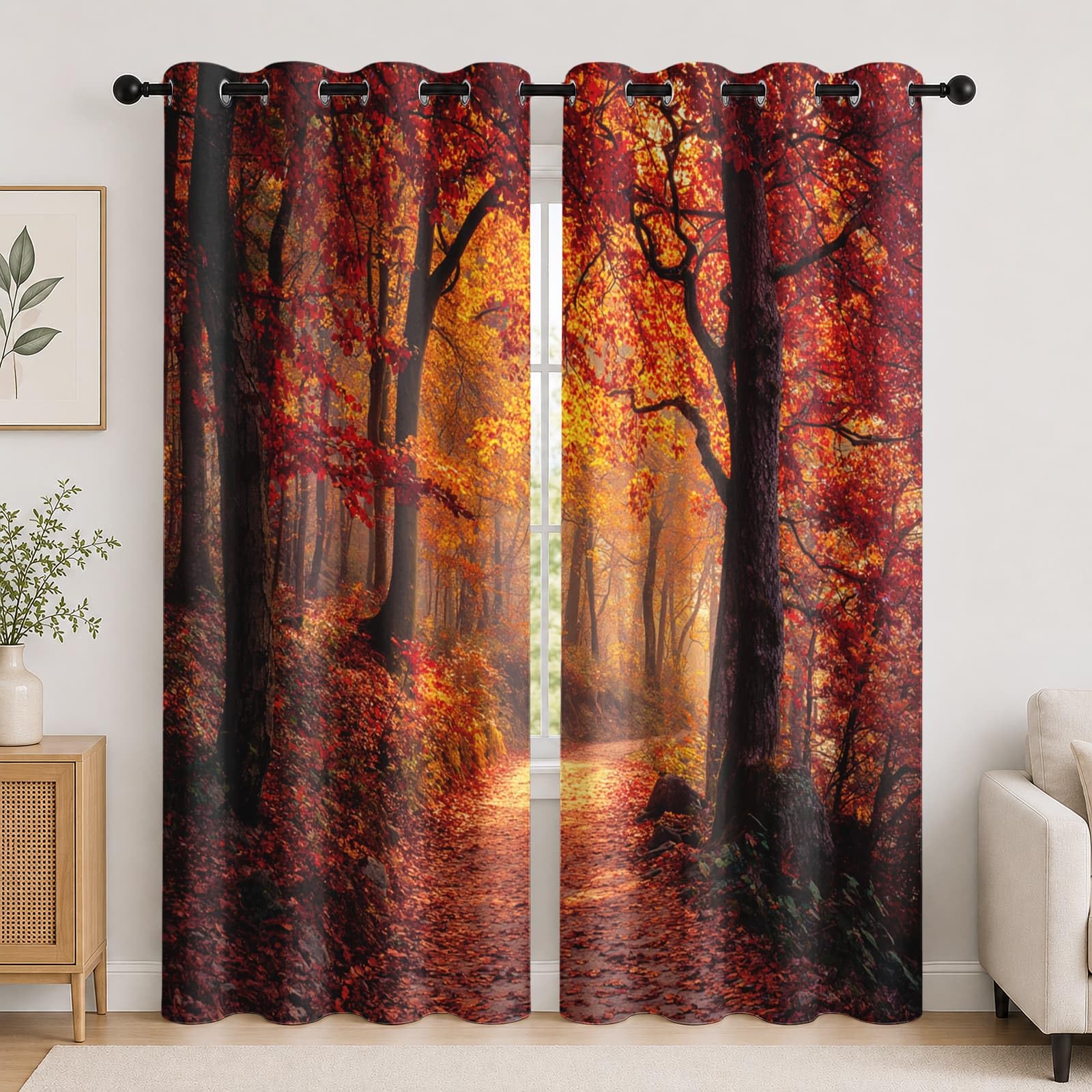 Genérico Blackout Cortinas Salon Opacas 2 Piezas 140An x 260Al cm, Paisaje de Bosque Cortinas Termica Dormitorio con Ojales Naranja Rojo Visillos Acusticas Privacidad Suave
