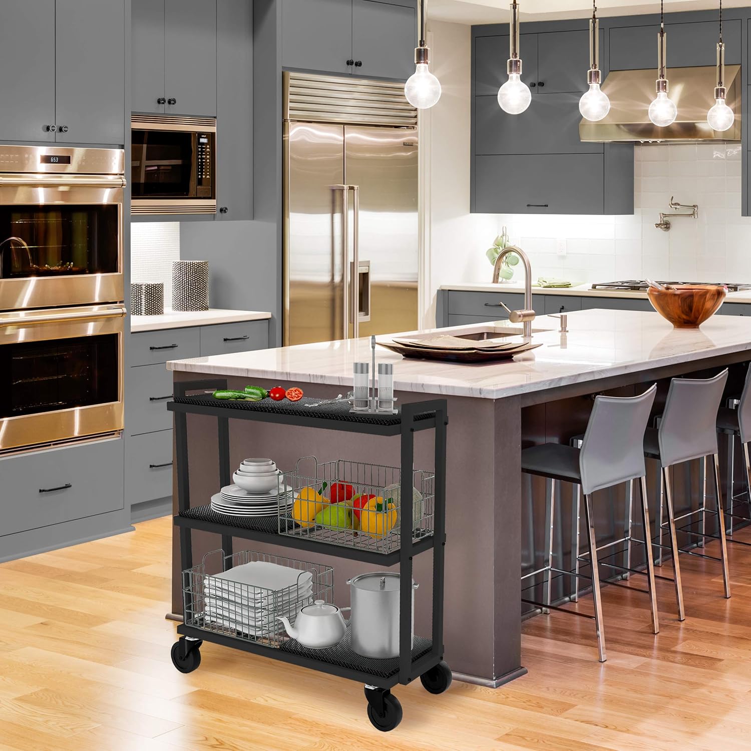 Atlantic Modular Mobile Storage Cart System, with Interchangeable Shelves & Baskets, Powder-Coated All-Steel Frame, 3-Tier, Caster Wheels for Mobility, PN 23350329, in Black