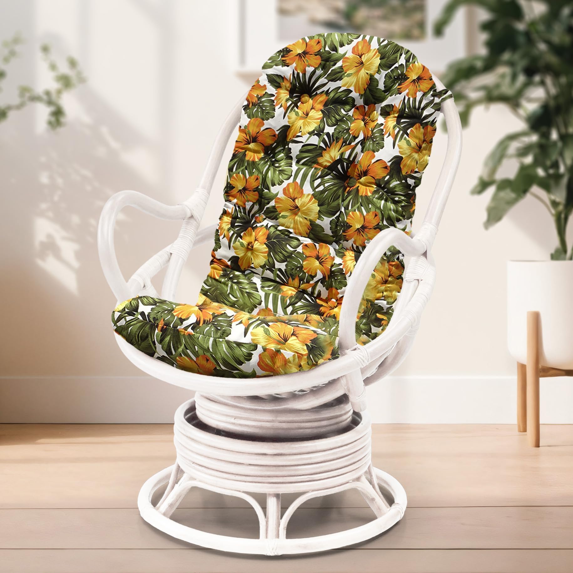 Java Lounge Swivel Rocking Chair with Floral Cushion Natural Rattan Wicker Handmade, White Color