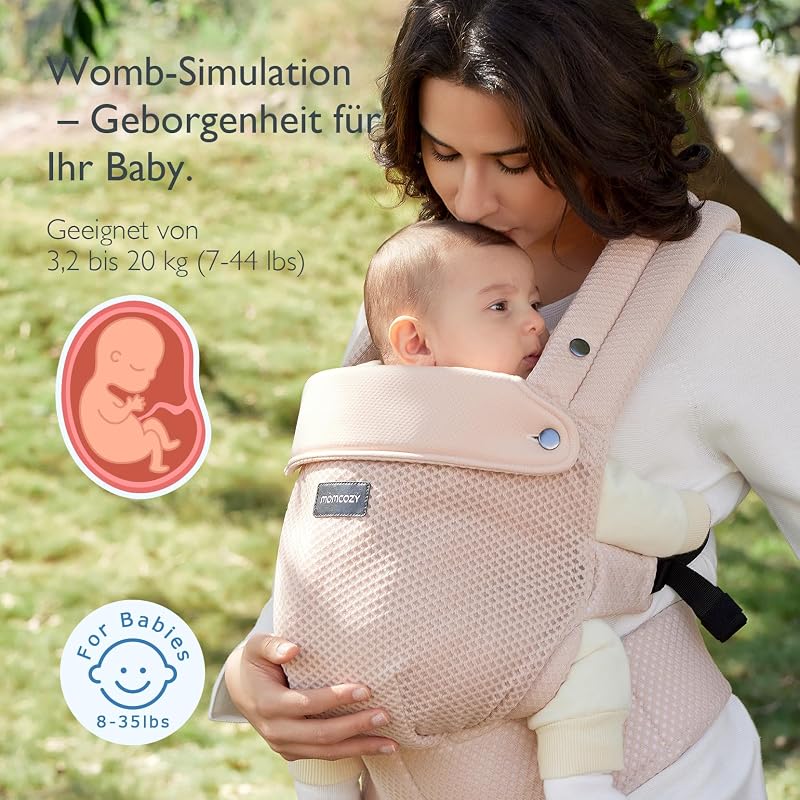 Momcozy Légáteresztő Hálós Babahordozó 3-20 kg Gyermekeknek, Ergonomikus Deréktámasszal, Rózsaszín Könnyű Kenguru Elöl Hordozáshoz, Géppel M
