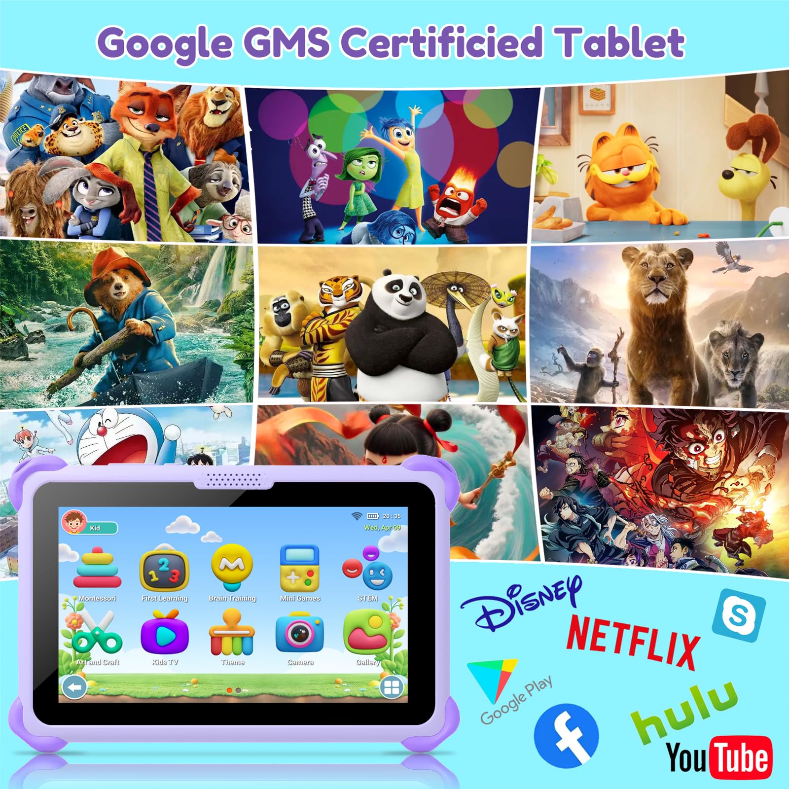 Tableta infantil de 7 pulgadas para niños de 3 a 12 años, tableta Android de 32 GB con funda sólida, YouTube, Netflix, GMS, Bluetooth, WiFi, aplicaciones de aprendizaje educativo instaladas, control