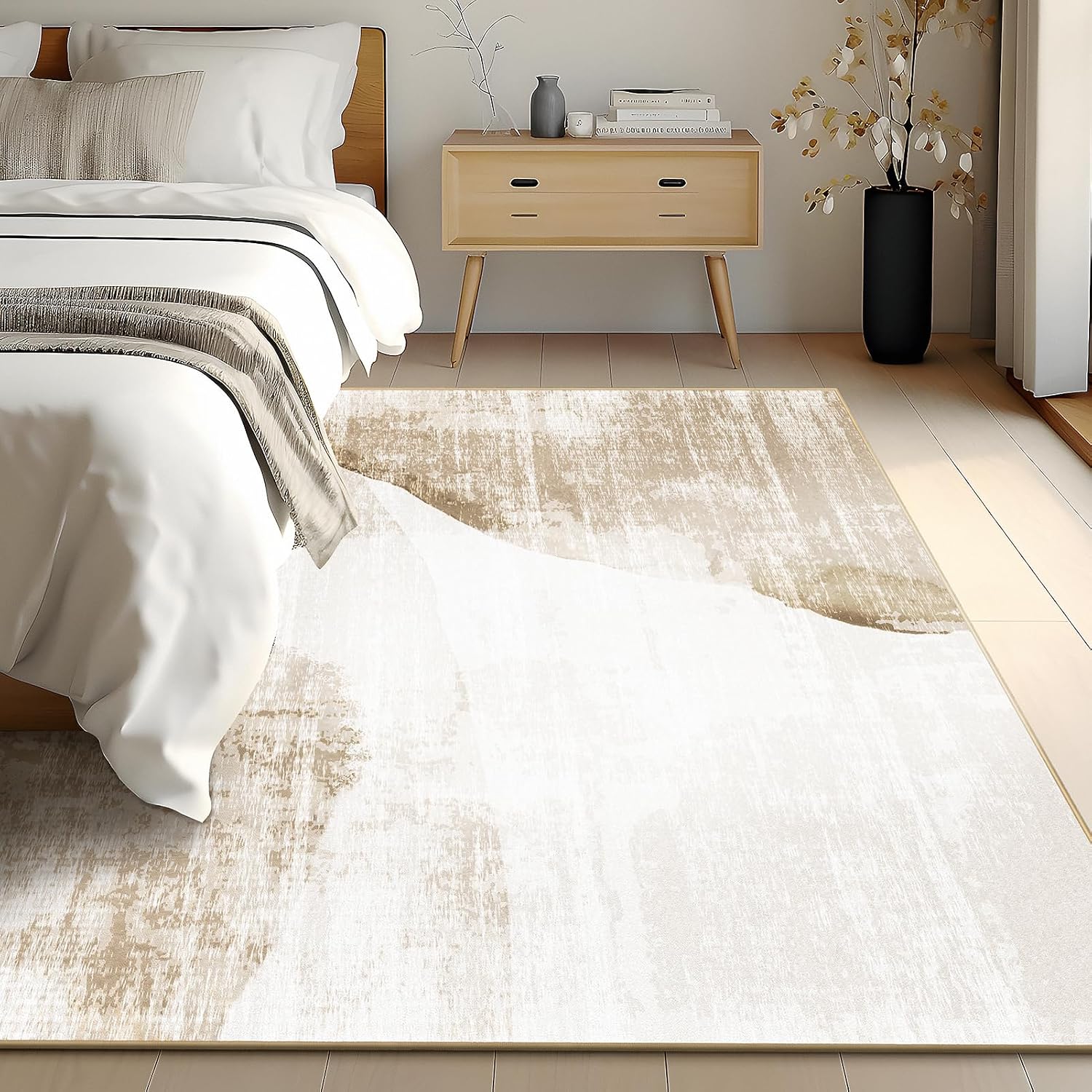 Phantoscope Washable Area Rug 4'x6' Non-Slip, Modern Neutral Boho Rugs for Living Room, Bedroom, Dining Room, Distressed Geometric Dune Pattern, Low-Pile Foldable Floor Carpet, Linen Beige/Taupe
