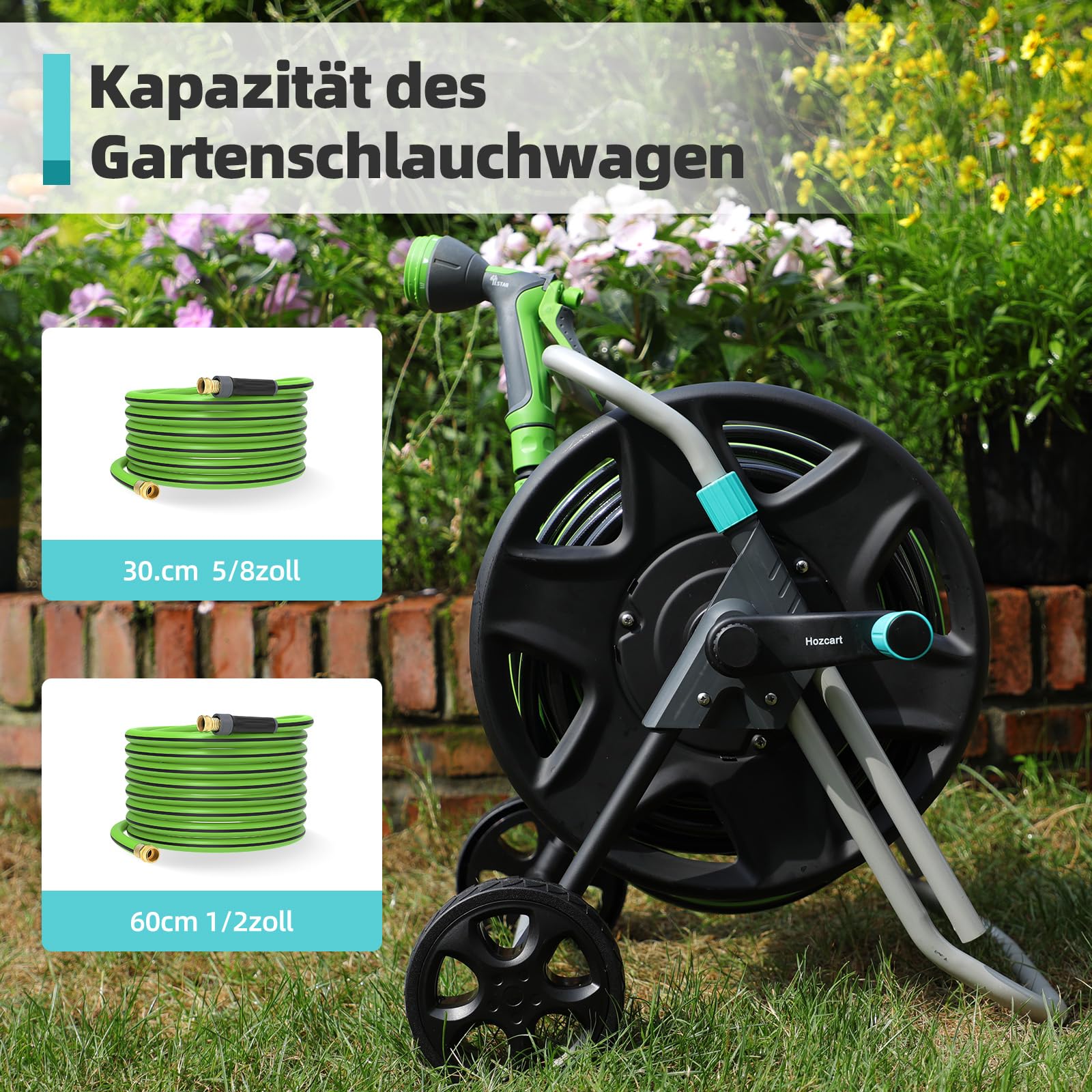 Schlauchwagen, Metall Schwerlastschlauchwagen mit Rädern, tragbarer Schlauchwagen für 30–60 m Schlauch, Schlauchaufroller für Außenbereich,Gärten oder Rasenflächen,Hinterhöfe