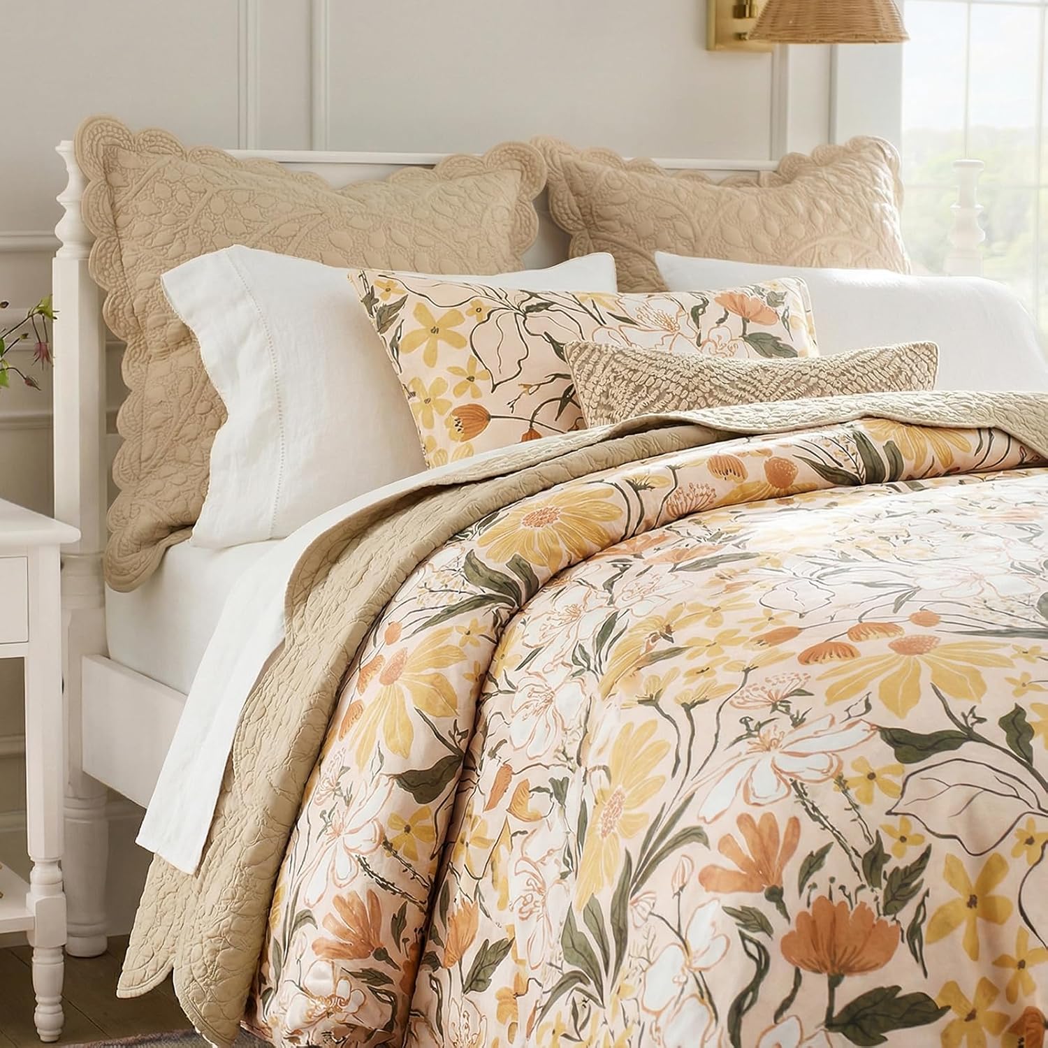 Bedorm Cotton King Duvet Cover Set Yellow Floral Bedding Set 3 Pcs Soft, Breathable & Durable Duvet Cover with Zipper Closure Green Leaf Orange Flower Comforter Cover Set French Country Style