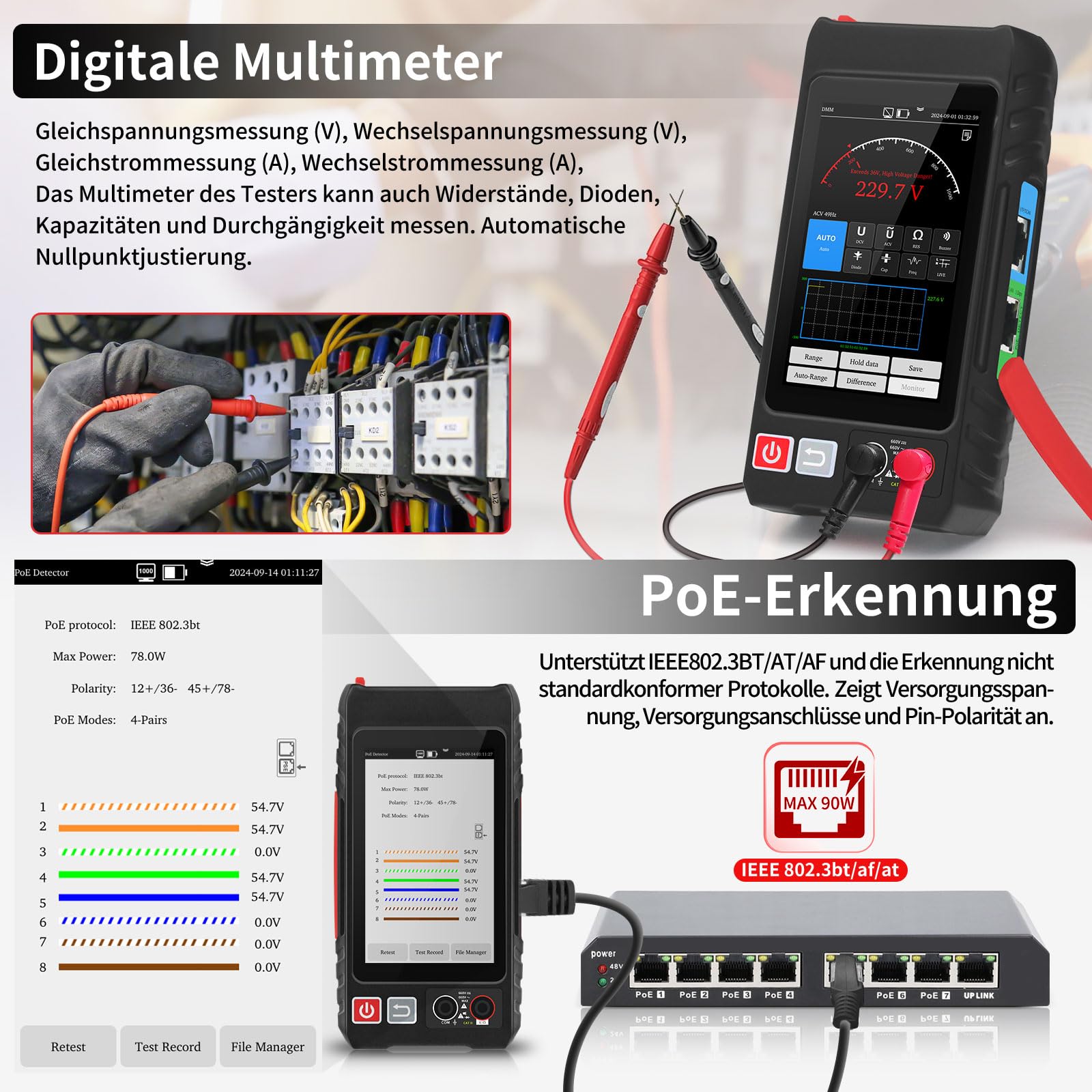 Henkion RJ45 Netzwerkkabeltester UTP-Kabeltester,Ethernet-Kabelverfolger, 4-Zoll-IPS-Touchscreen, unterstützt Netzwerktools, OPM, DMM, TDR, LEVEL METER, POE++-Erkennung, RJ45 TDR, Kabellänge,NCV