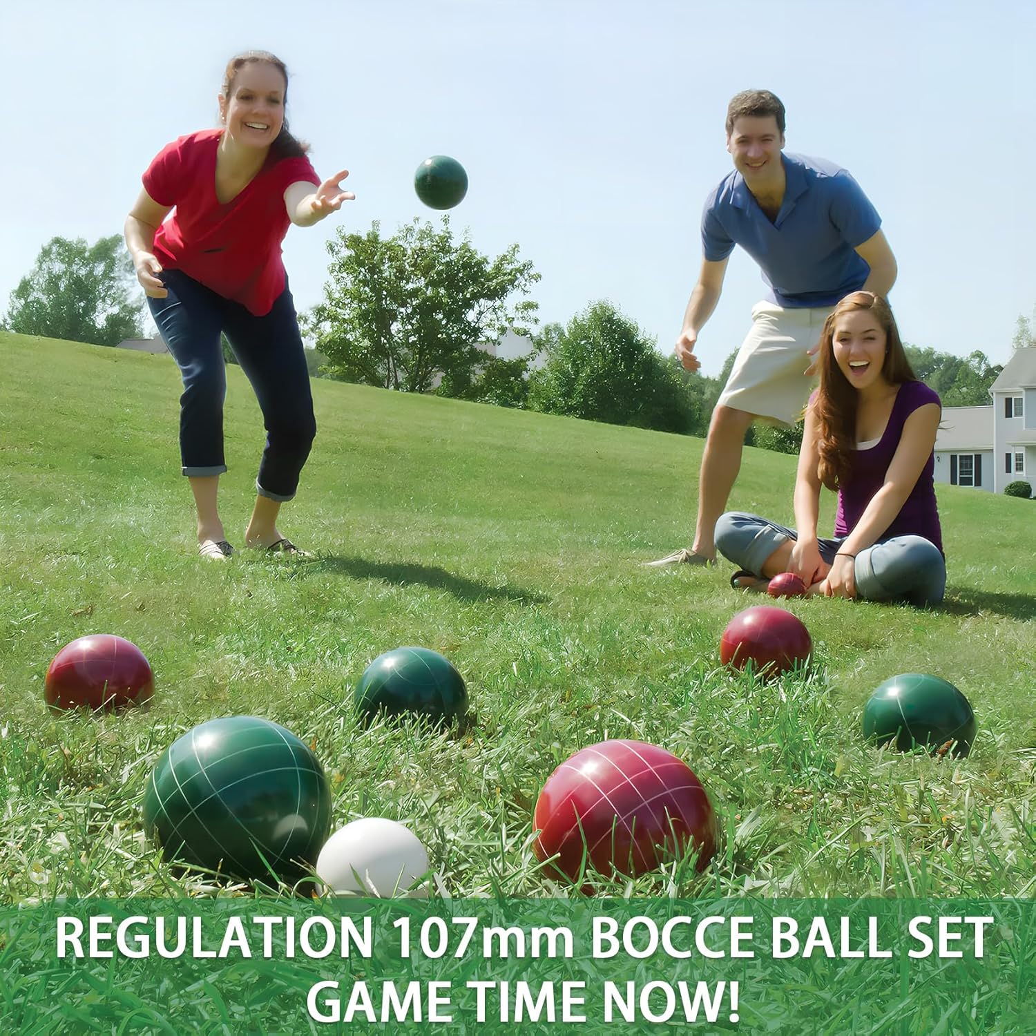 Pointyard 107mm Bocce Ball Set, Official Bocci Ball Set with 8 Resin Bocce Balls,1 Pallino,Nylon Carrying Bag,Measuring Tape - Tournament Adult Bocce Game for Outdoor/Yard/Lawn/Beach (Red and Green)