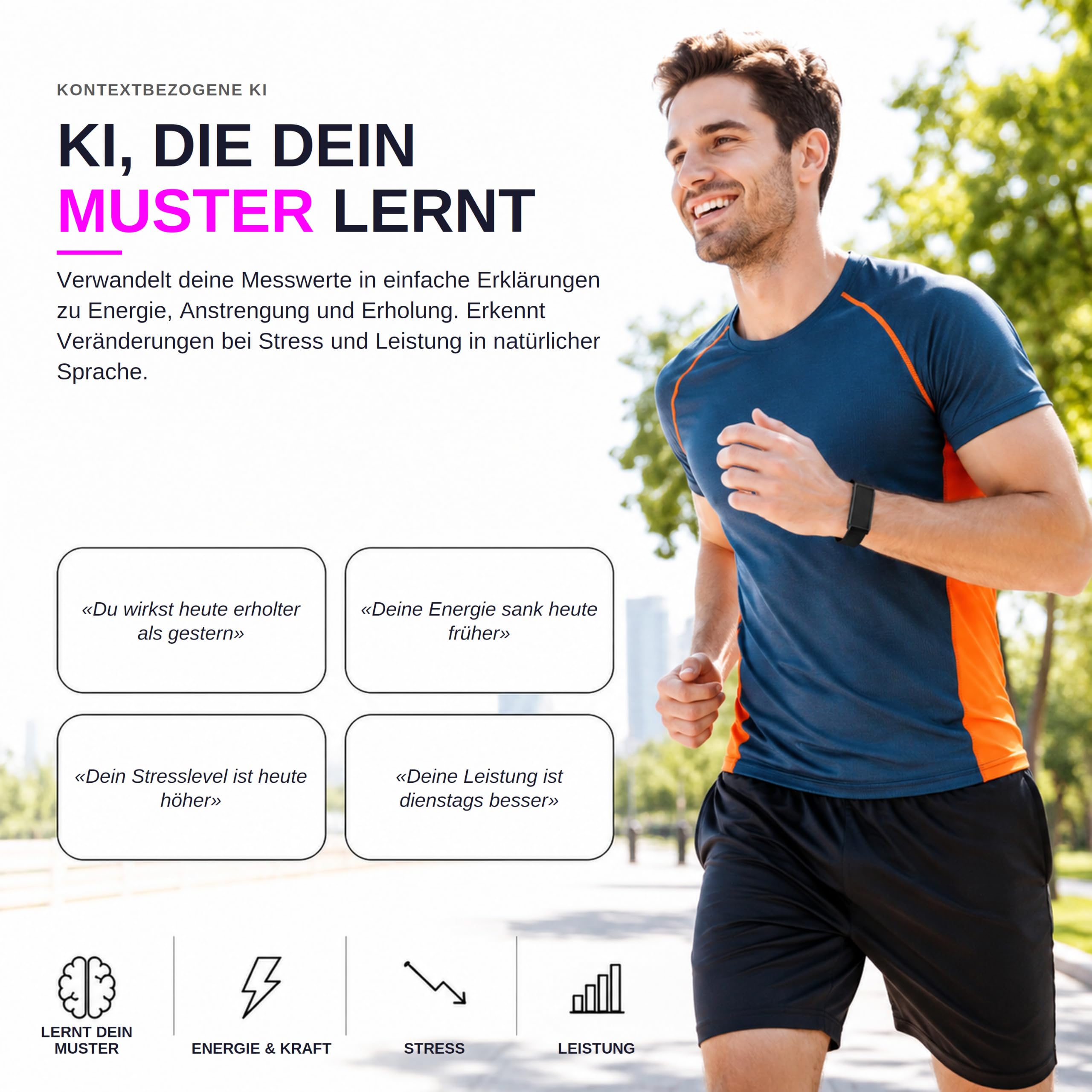 Sense Smartband ohne Display Damen Herren, Entwickelt in Spanien, KI-Coach, Schlaf Energie Erholung, Herzfrequenz 24/7 HRV SPO₂, IP68, Akku +45 Tage, Ohne ABO, Schwarz