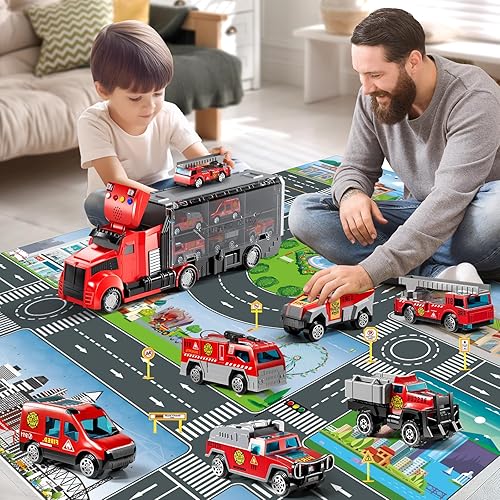 Miniatura 2 de Juego de camiones de bomberos con alfombra de juego, juego de vehículos de juego para niños de 3, 4, 5, 6 años, juguete de automóvil fundido a