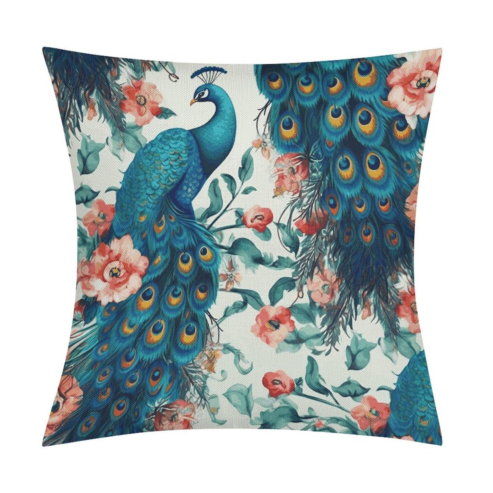FekiLoot Beautiful Peacock Flowers Throw Pillow Cover Soft Square Cushion Case Farmhouse Cushion Cover Decorative Pillow Cover Modern Pillowcase for Sofa Living Room Bed Home Decor 18x18 Inch