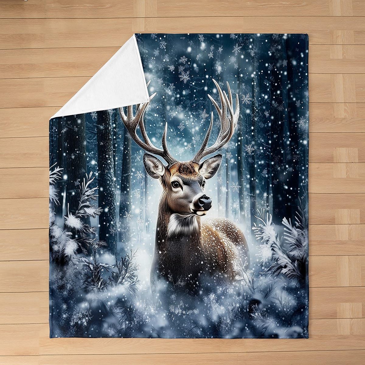 Erosebridal 3D Deer Blanket Queen 90x90, Safari Wild Animal Throw Blanket For Kids Girls Boys, Elk Snowflakes Hunting Microfiber Fleece Blanket For Sofa Bed Couch, Woodland Wildlife Cozy Fuzzy Blanket