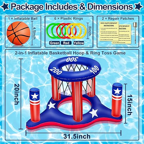 Miniatura 2 de AMENON Anillo de cruz inflable con bandera estadounidense con aro de baloncesto flotante, 6 anillos y 1 baloncesto