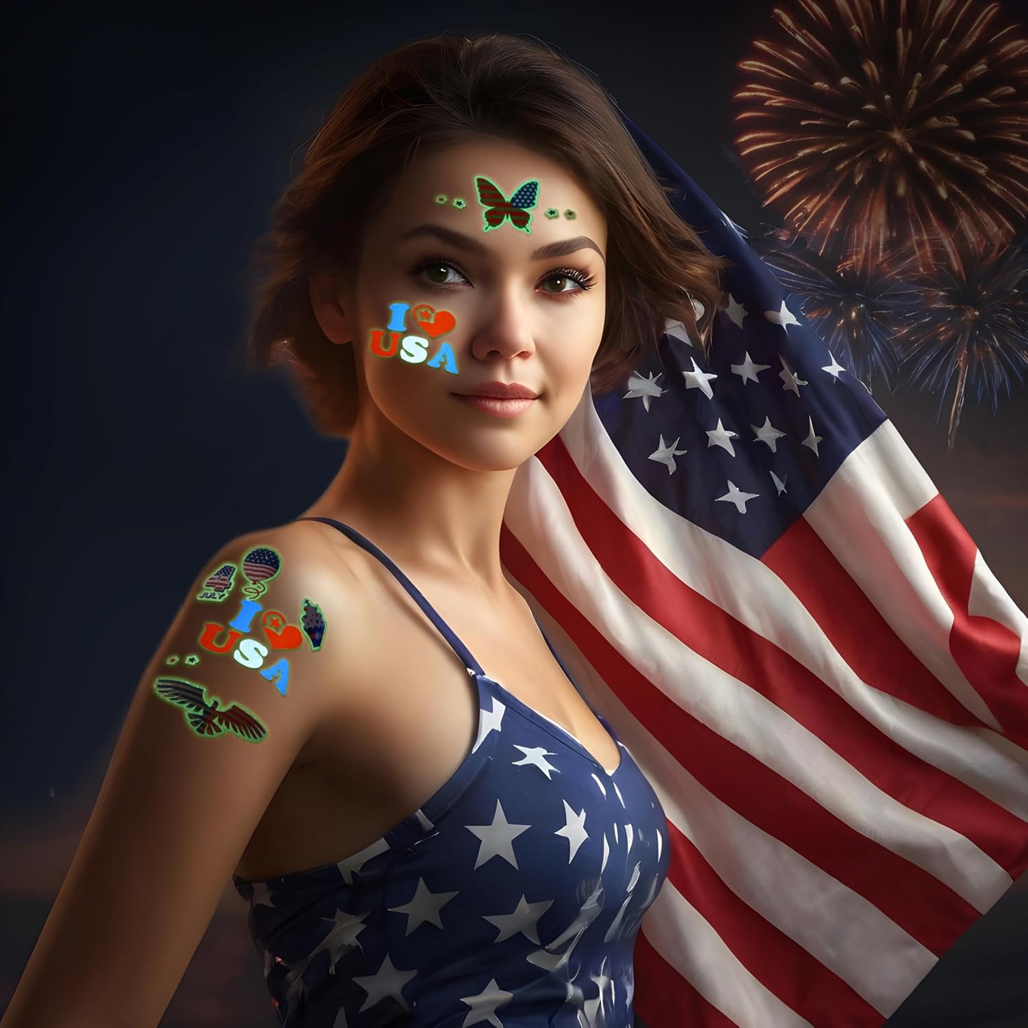 JOYIN 22PCS Red White Blue 4th of July Glowing Face Paint Set, Glow in the dark Patriotic Makeup with Stencils Sticker Temporary Tattoos for Independence Day, Memorial Day Party, Party Favors
