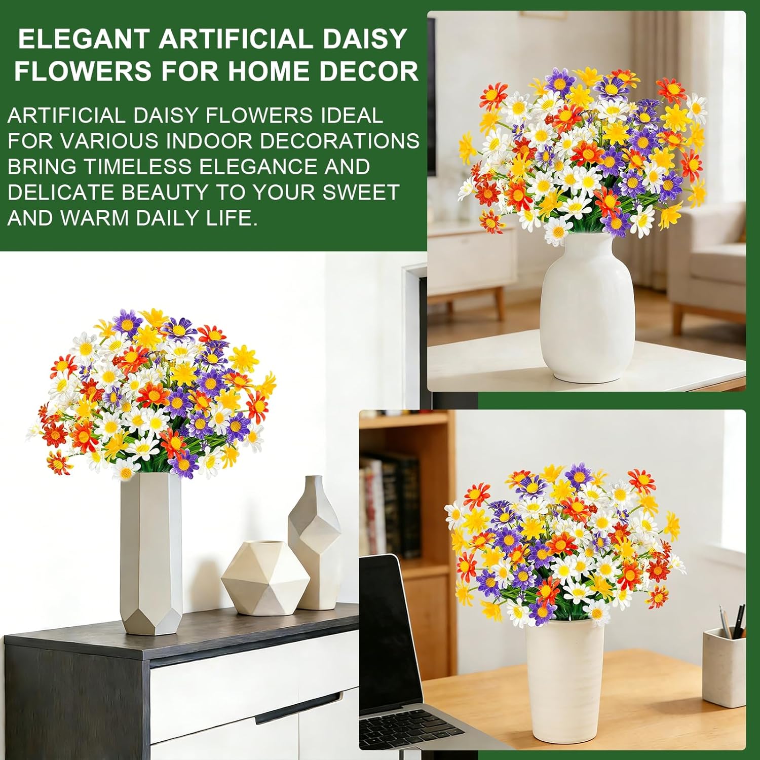 12 Bundles Artificial Daisy Flowers for Outdoors, UV Resistant Fake Flowers Faux Plastic Greenery Shrub Plants for Home Gardens Porch Planter Spring Summer Cemetery Décor(Mix White Yellow Purple Red) - Image 4