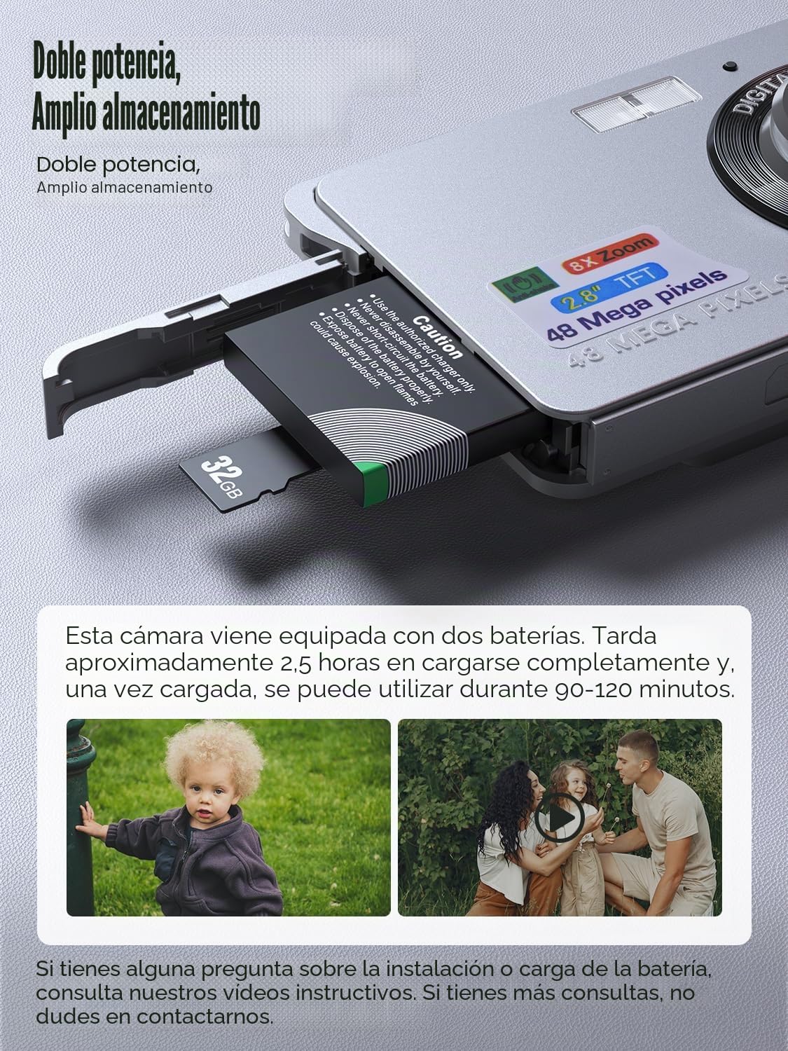 Andoer Cámara digital de 48 MP, TFT de 2,8 pulgadas, enfoque automático, zoom digital de 16x, función antivibración, reconocimiento facial, grabación de sonrisas, con 2 baterías, tarjeta TF de 32 GB,
