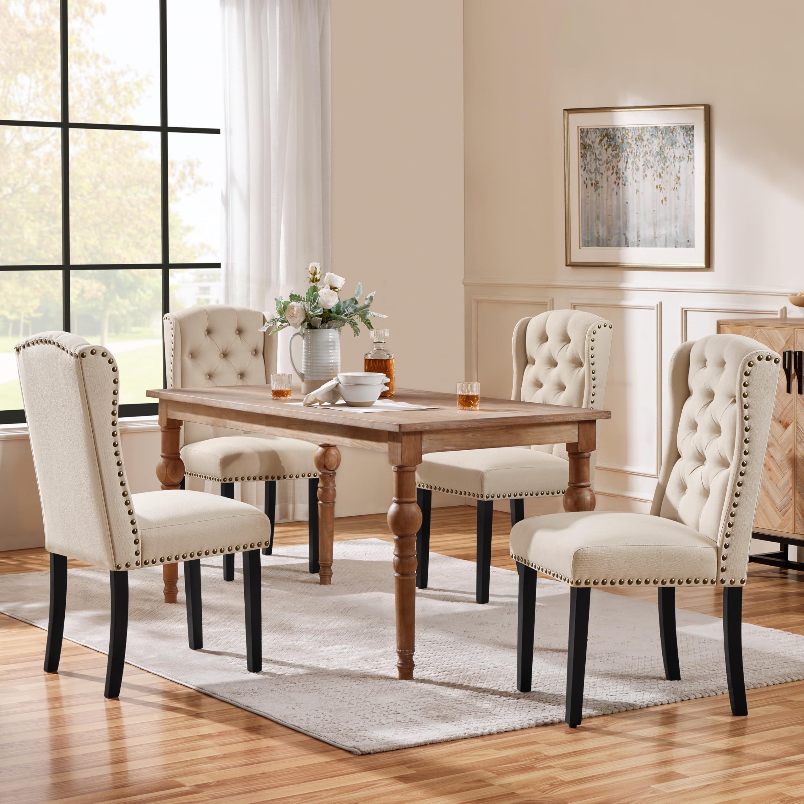 Yaheetech Set 2 Sedie Sala da Pranzo Tessuto Imbottite Eleganti Gambe in Legno Massello Schienale Alto con Bottoni Portata 140 kg Beige