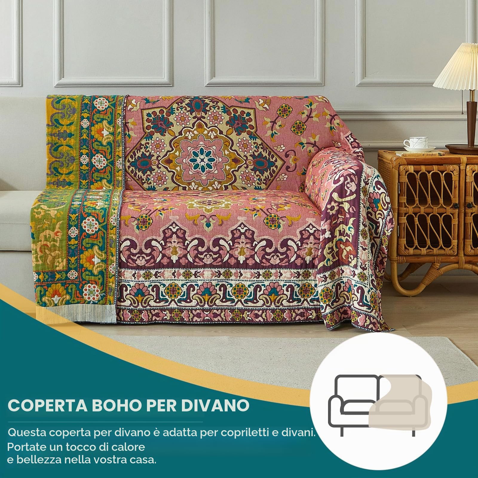 Bailix Copriletto boho di alta qualità, 100% cotone, double face, 200 x 230 cm, morbida coperta per divano e copriletto, coperta patchwork, coperta per soggiorno, rosa/arancione