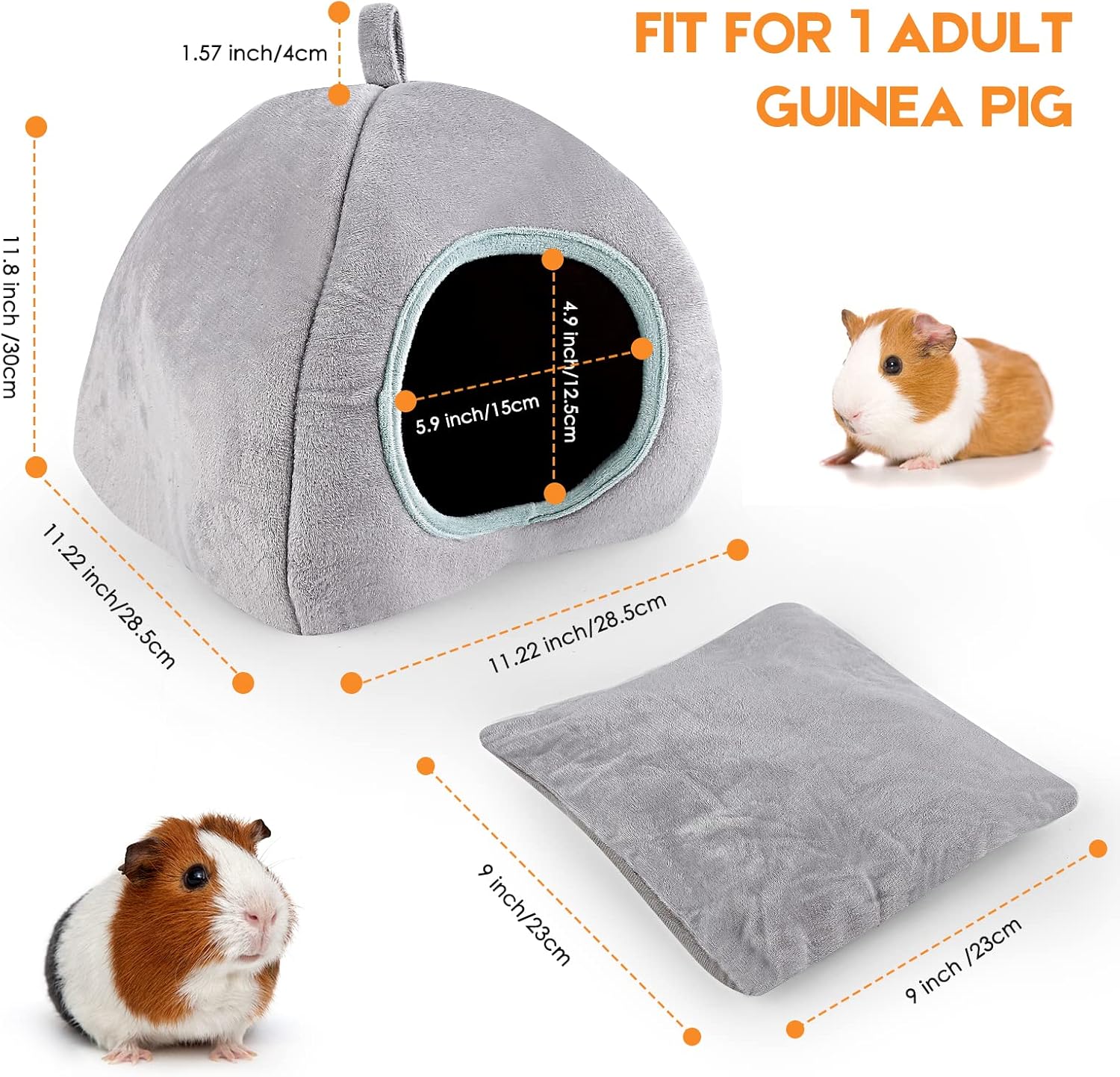 Guinea Pig Hideout - Guinea Pig Bed, Bunny Hideout, Rabbit Bed, Ideal Bed for Small Pets, Tent Shape, Grey
