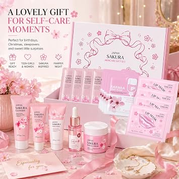 20PCS Sakura Skincare Gift Set – sakura skincare set with Cleanser, Serum, Eye Cream, Hand Cream, Lip Mask, Mud Mask & Sleeping Mask for Pamper Gifts for Women and Teen Girls