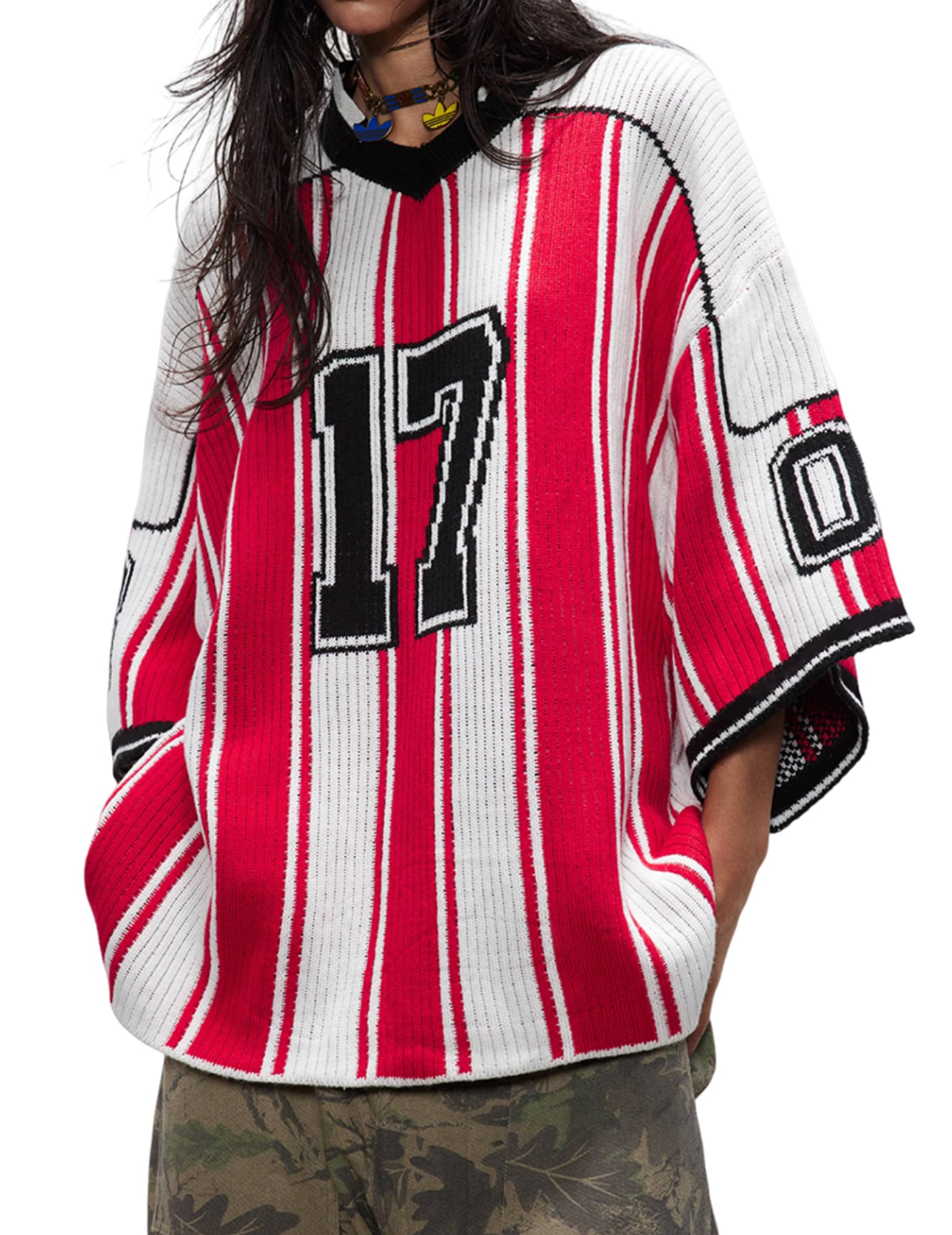 Aelfric Eden Oversized Sweaters Number Stripe Graphic Unisex Baggy Three-Quarter Sleeve Football Jersey Trendy Tops