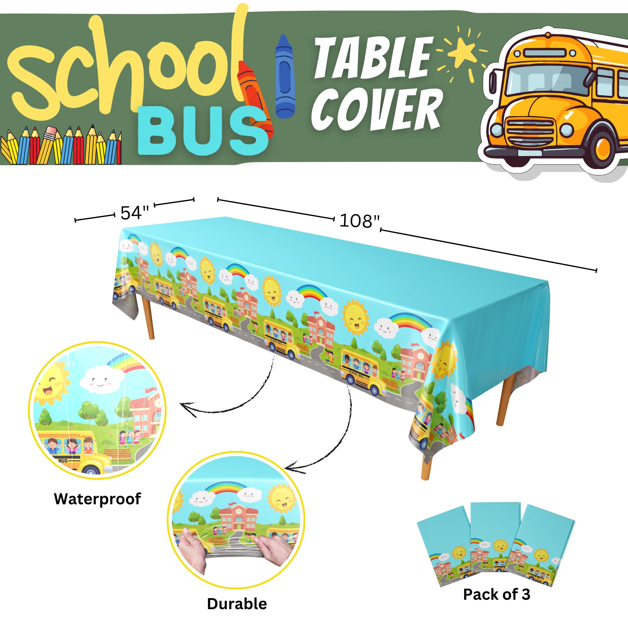 Blue Orchards School Bus Tablecovers (Pack of 3) - School Bus Wheels Tablecloth, Kindergarten Graduation Decorations, Party Supplies