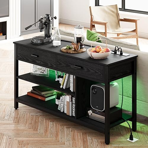 Miniatura 3 de IRONCK Soporte de TV con luces LED, centro de entretenimiento con toma de corriente para TV de 55 pulgadas, consola de TV industrial con estante de