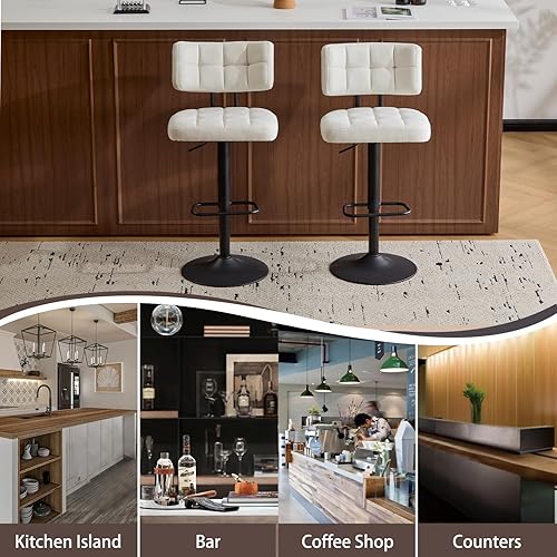 Miniatura 8 de Juego de 2 taburetes de bar giratorios de altura ajustable, taburetes de barra de tela de lino sin brazos con reposapiés para cocina, hogar, bar,