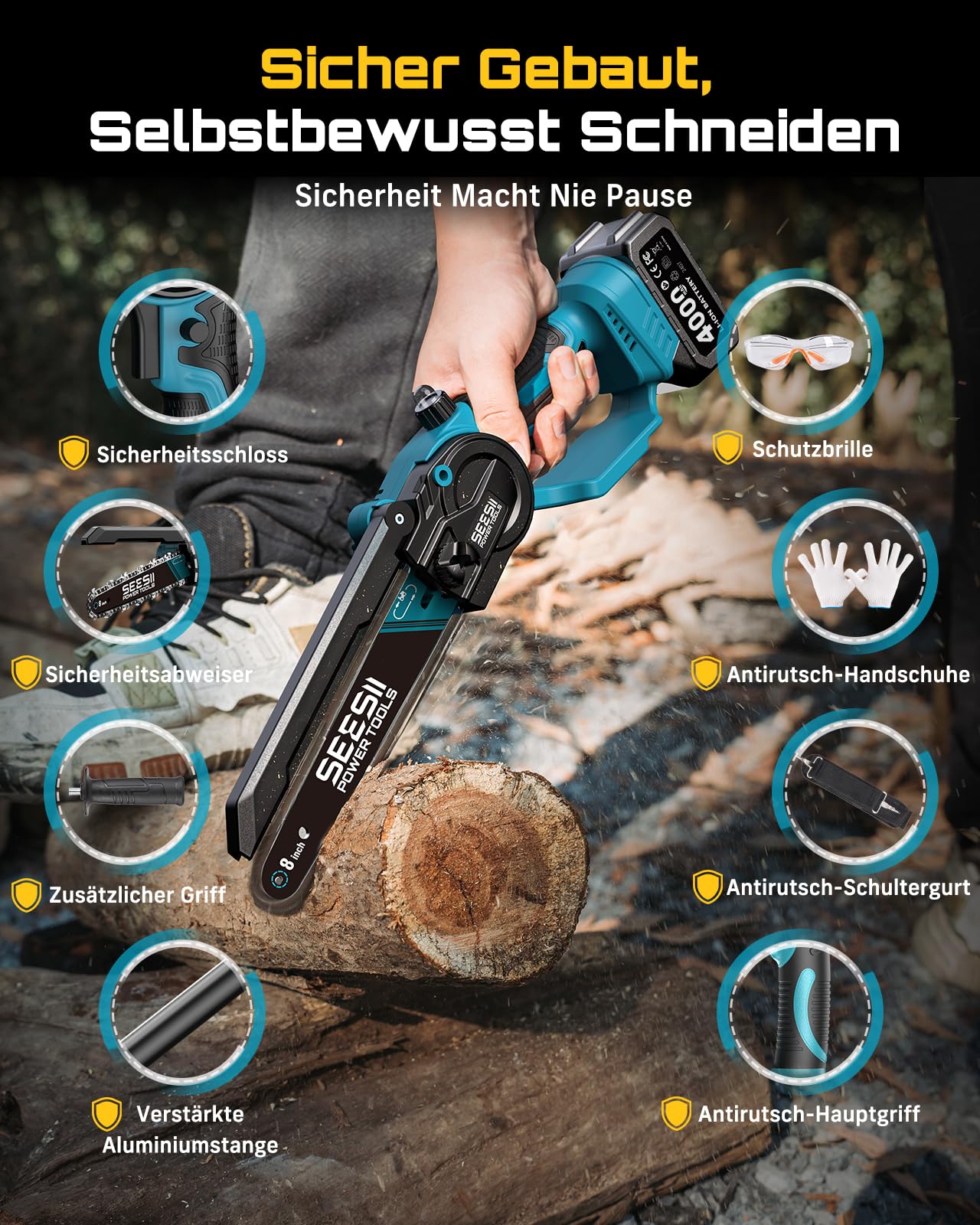 SEESII 2-in-1 8 Zoll Akku Astsäge & Mini Kettensäge mit 2×4000mAh Akkus | Bürstenlose Kettensäge mit Teleskopstange, Ausziehbar bis 4,5m für Baumschnitt, Astschnitt und Gartenpflege