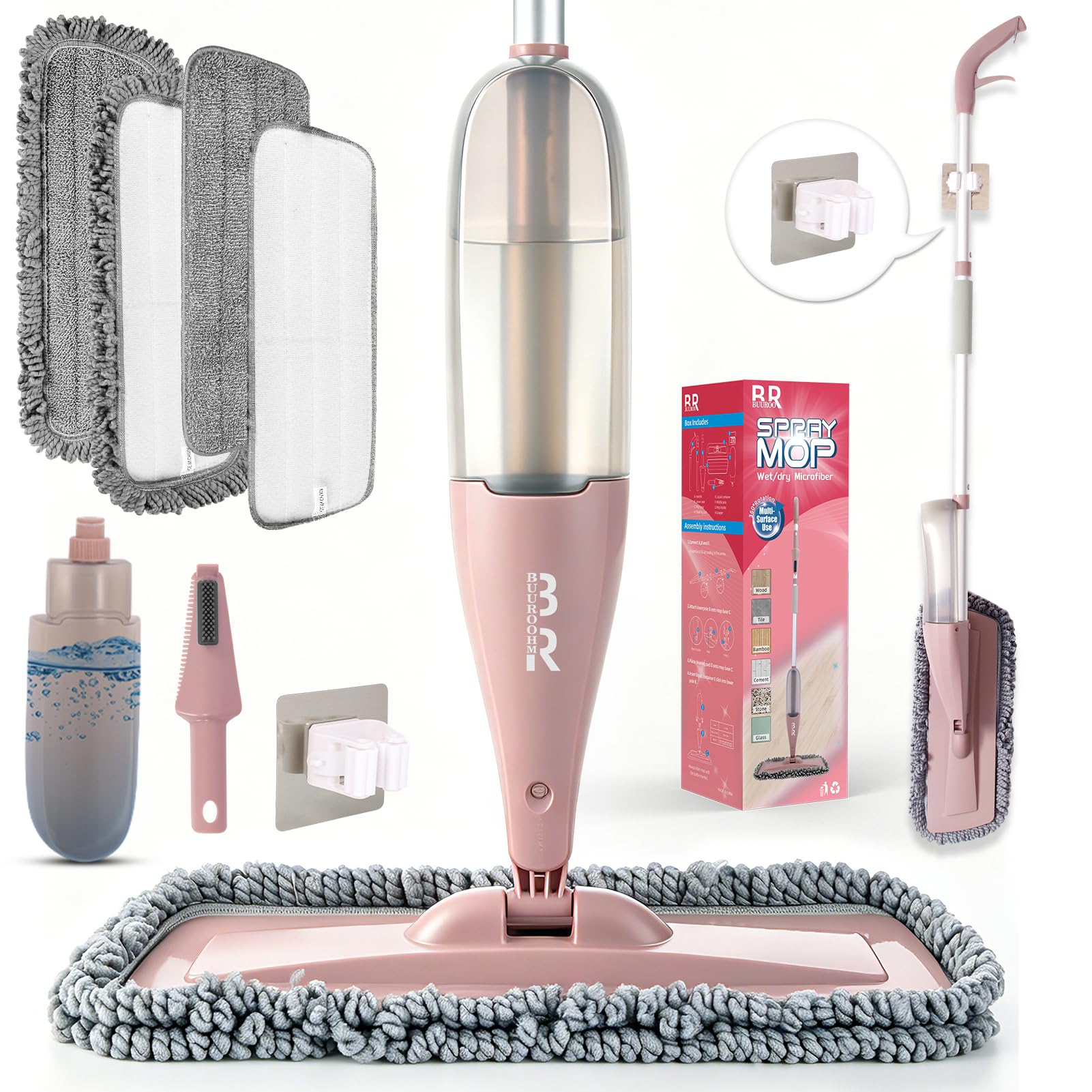 Mocio Lavapavimenti a Spruzzo Spray Floor Mop Mocio Lavapavimenti con Bottiglia Ricaricabile da 800ML e 4 Panni Lavabili per la Pulizia di legno, Laminato, Legno, Ceramica Pavimenti