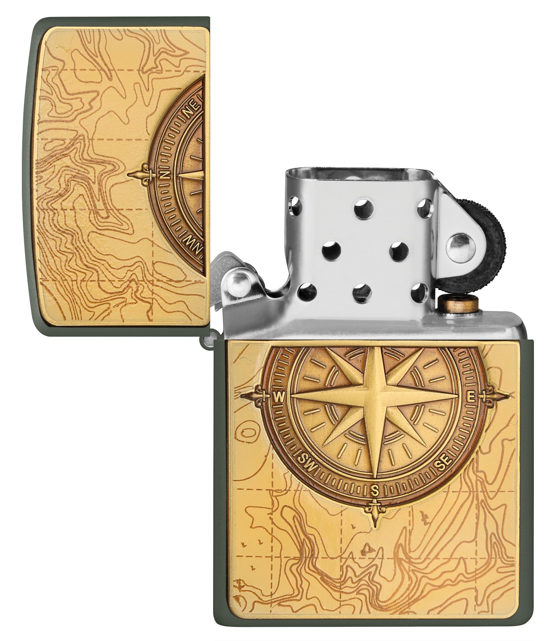 Zippo Sturmfeuerzeug - Topographic Compass, Green Matte, Emblem - Nachfüllbar - Wiederverwendbar - Windfestes Design - Geschenkbox - Made in USA