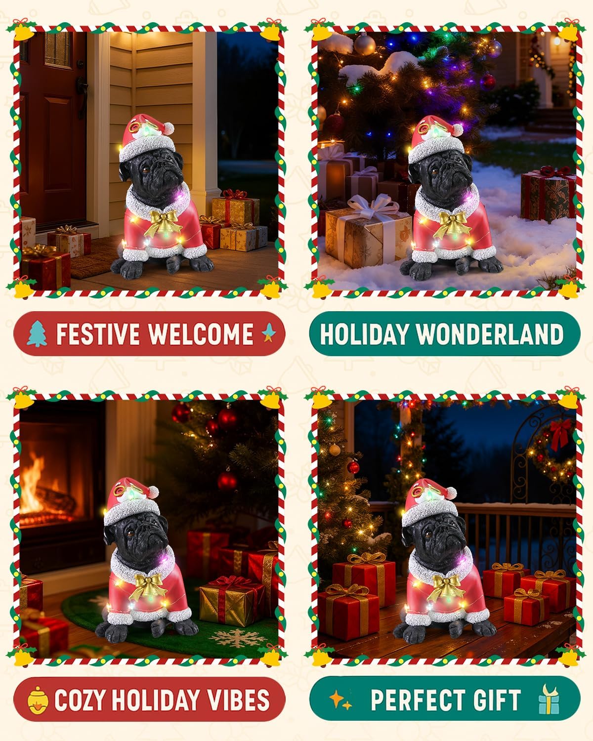 Outdoor Christmas Dog Statue Decorations - Santa Gifts Christmas Decor Bulldog with Red Santa Hat Statues and LED Lights for Home Indoor Outdoor X'Mas Presents