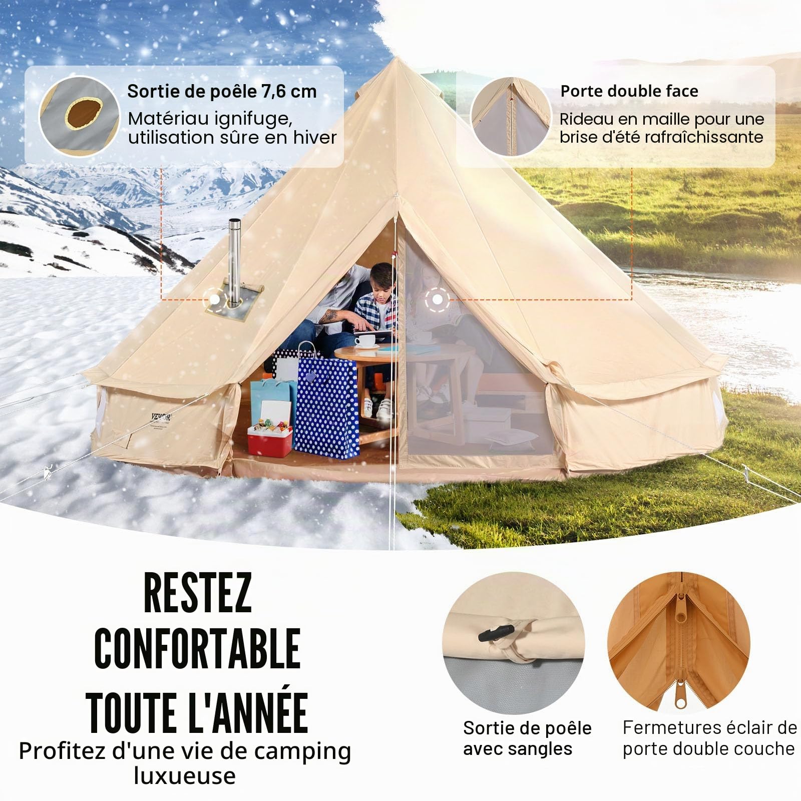 VEVOR Tente Cloche en Toile Tente de Yourte 4 Saisons Tente de Camping Familial avec Trou de Poêle à Bois, Sacs de Rangement pour Glamping, Groupes en Plein Air, Fête, Chasse