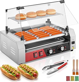 FOHERE Hot Dog Roller 7 Rollers 18-24 Hot Dogs Capacity, 1050W Stainless Steel Hot Dog Machine with Bun Warmer Shelf, Dual Temp Control, Glass Cover, Removable Tray for Commercial and Party