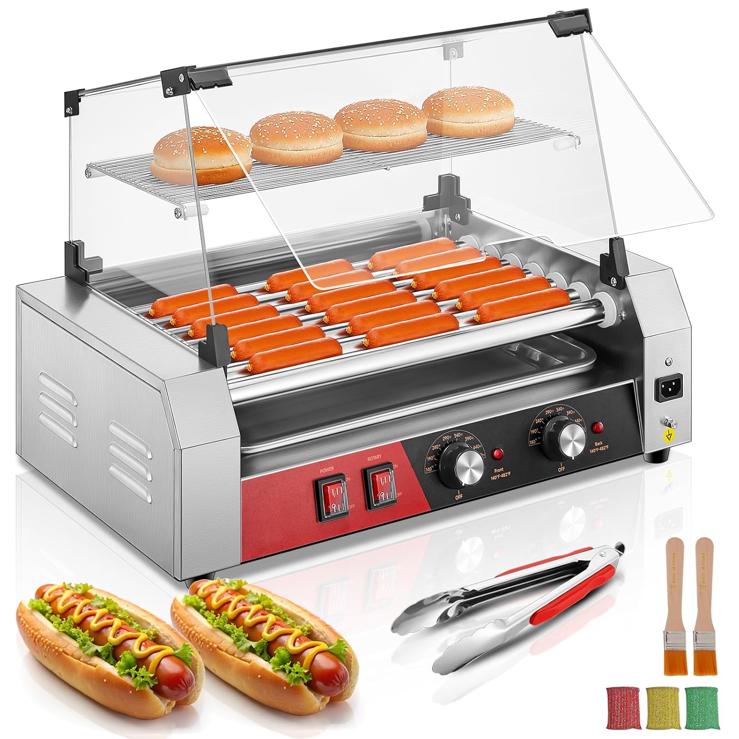 FOHERE Hot Dog Roller 7 Rollers 18-24 Hot Dogs Capacity, 1050W Stainless Steel Hot Dog Machine with Bun Warmer Shelf, Dual Temp Control, Glass Cover, Removable Tray for Commercial and Party