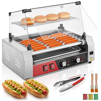 FOHERE Hot Dog Roller 7 Rollers 18-24 Hot Dogs Capacity, 1050W Stainless Steel Hot Dog Machine with Bun Warmer Shelf, Dual Temp Control, Glass Cover, Removable Tray for Commercial and Party