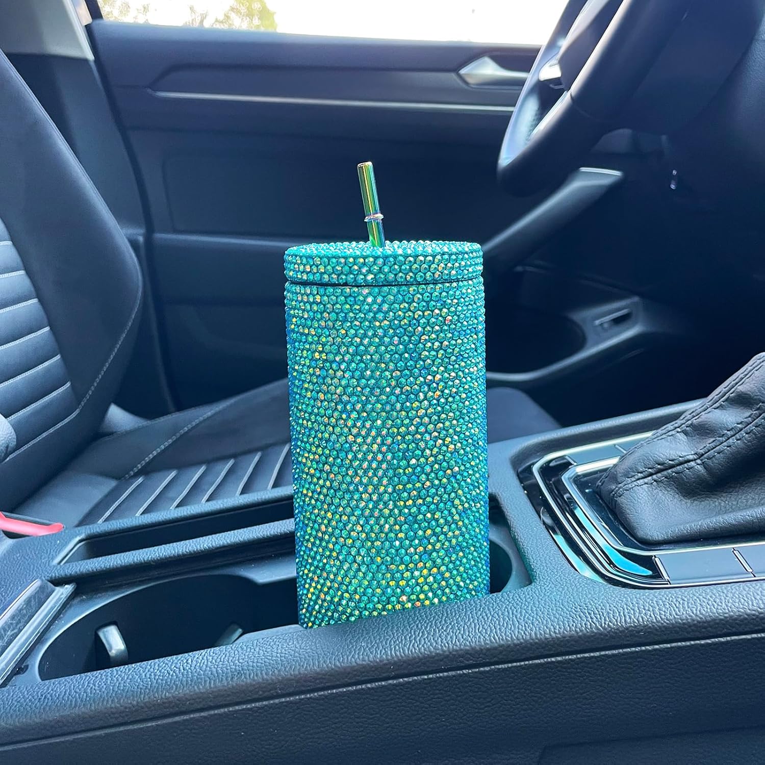 20oz Bling Diamond Tumbler with Lid and Straw Studded Skinny Tumbler Stainless Steel Vacuum Insulated Water Bottle Double Wall Iced Coffee Mug Reusable Glitter Cups (Ocean Blue) - Image 7
