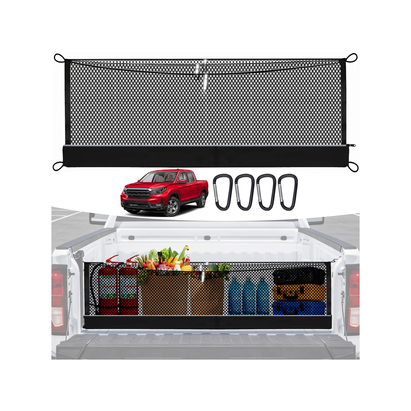 3-Layer Cargo Net for Honda Ridgeline 2017-2026, Zoned Storage Truck Bed Net with Foldable Zippered Bottom Bag, Heavy-Duty Cargo Organizer Netting for