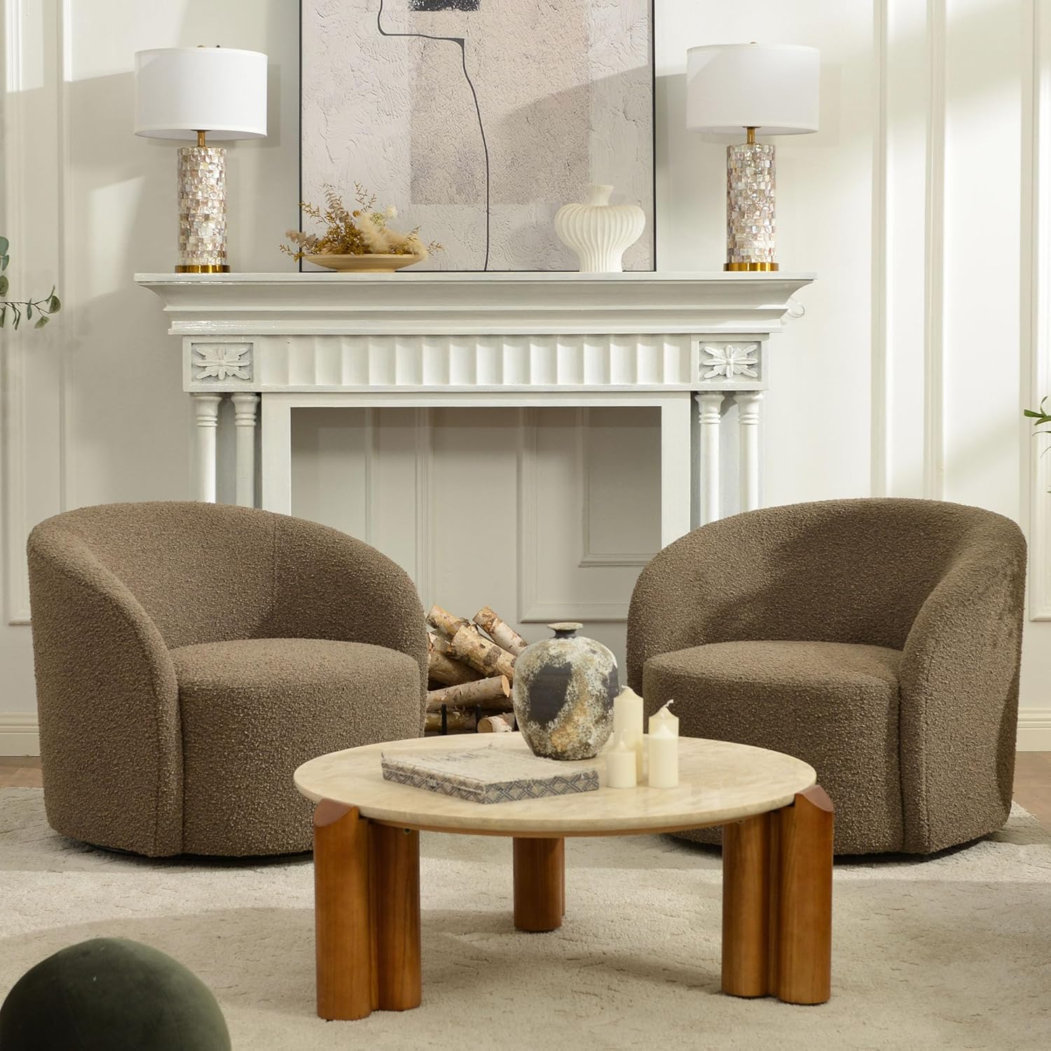 KINWELL 34" Swivel Barrel Chair Set of 2 – Mid-Century Modern Boucle Accent Chairs, No Assembly, Teddy Brown — Zaynora Luxury Marketplace